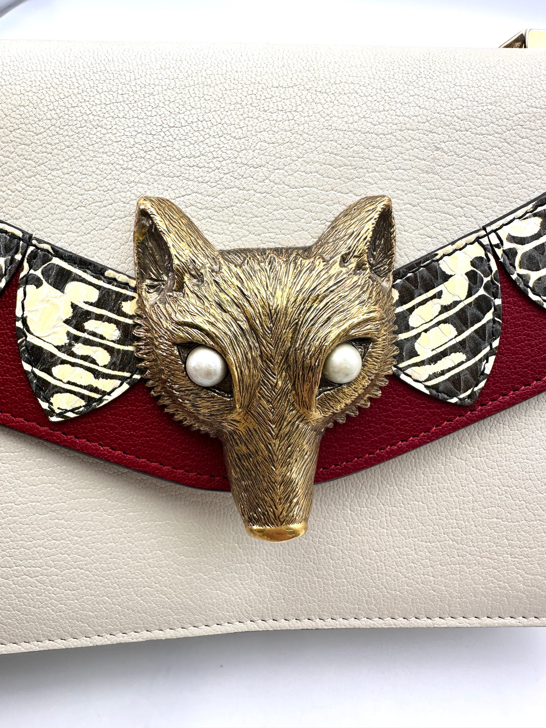 Gucci Broche White Leather Pearl Fox Head Shoulder Bag With Python Trim GG810