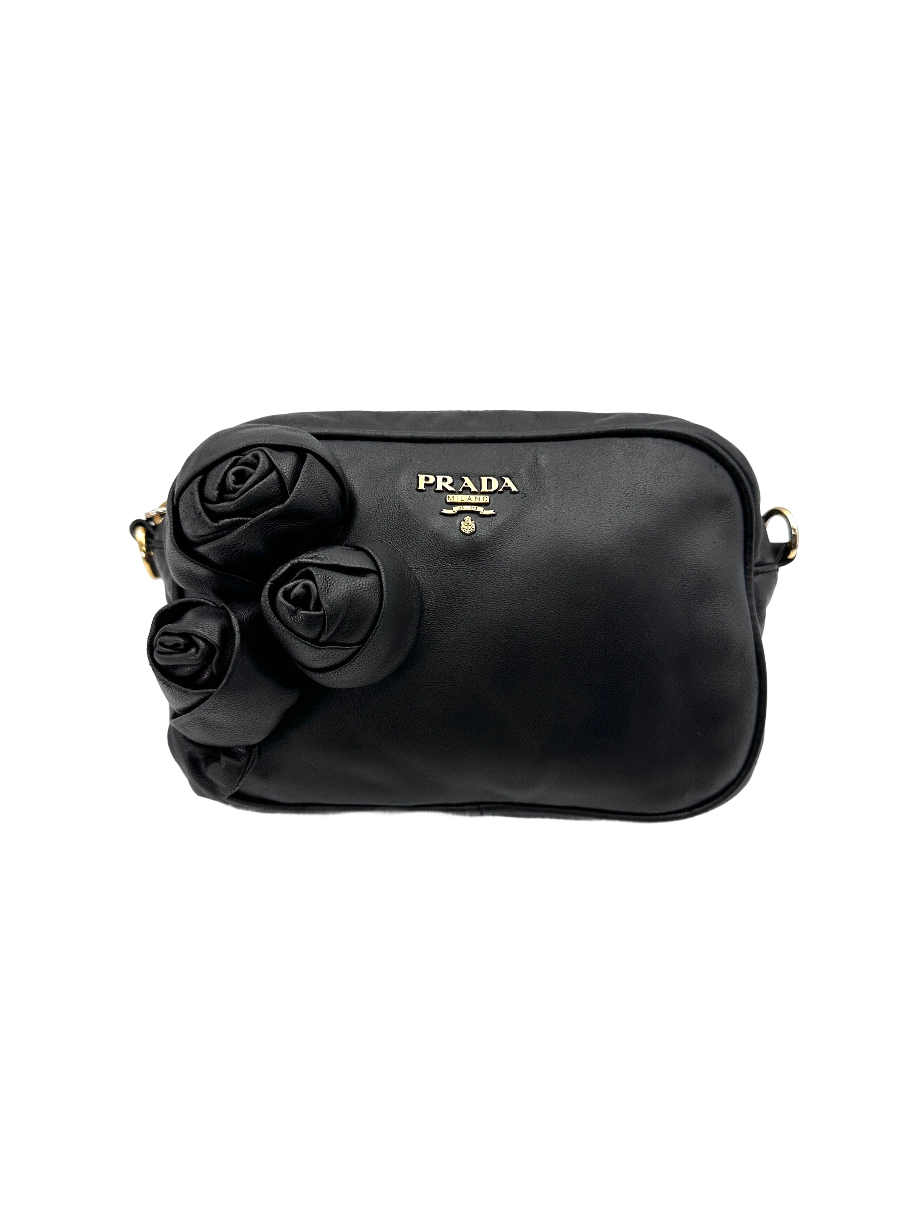 Prada Black Nappa Leather Rose Applique Shoulder Bag PR225