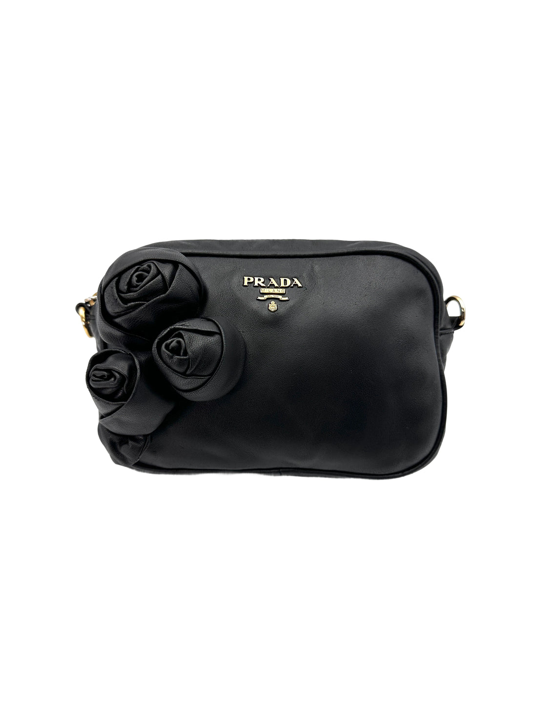 Prada Black Nappa Leather Rose Applique Shoulder Bag PR225