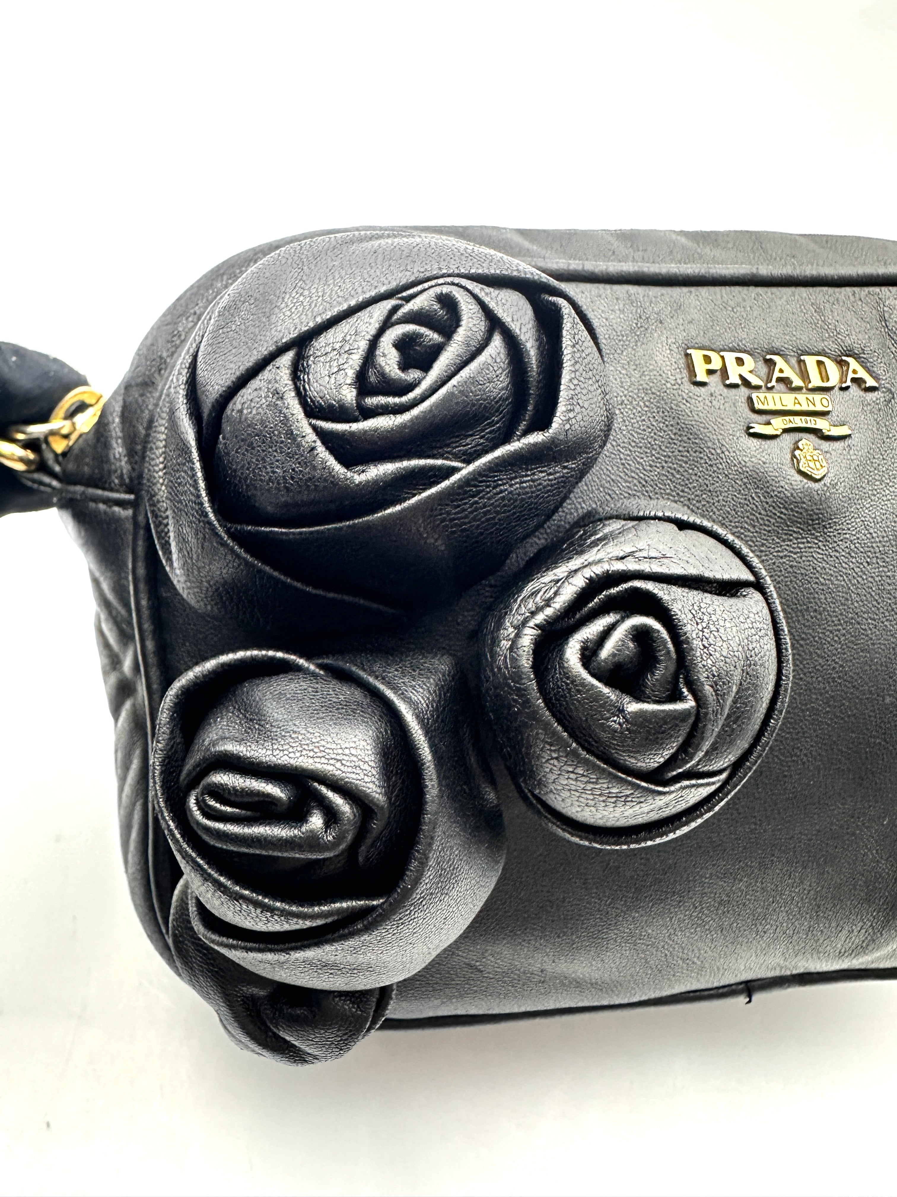 Prada Black Nappa Leather Rose Applique Shoulder Bag PR225