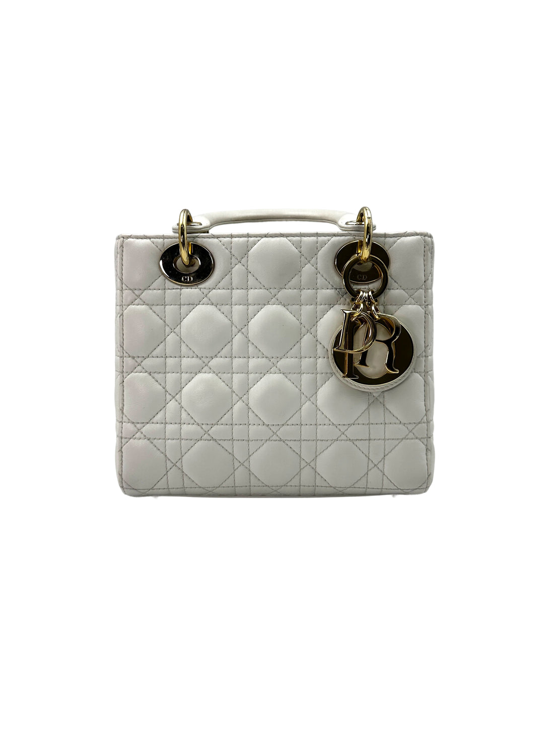 Christian Dior Lady Dior White Cannage Lambskin Handle Bag With Gold Charms DR624