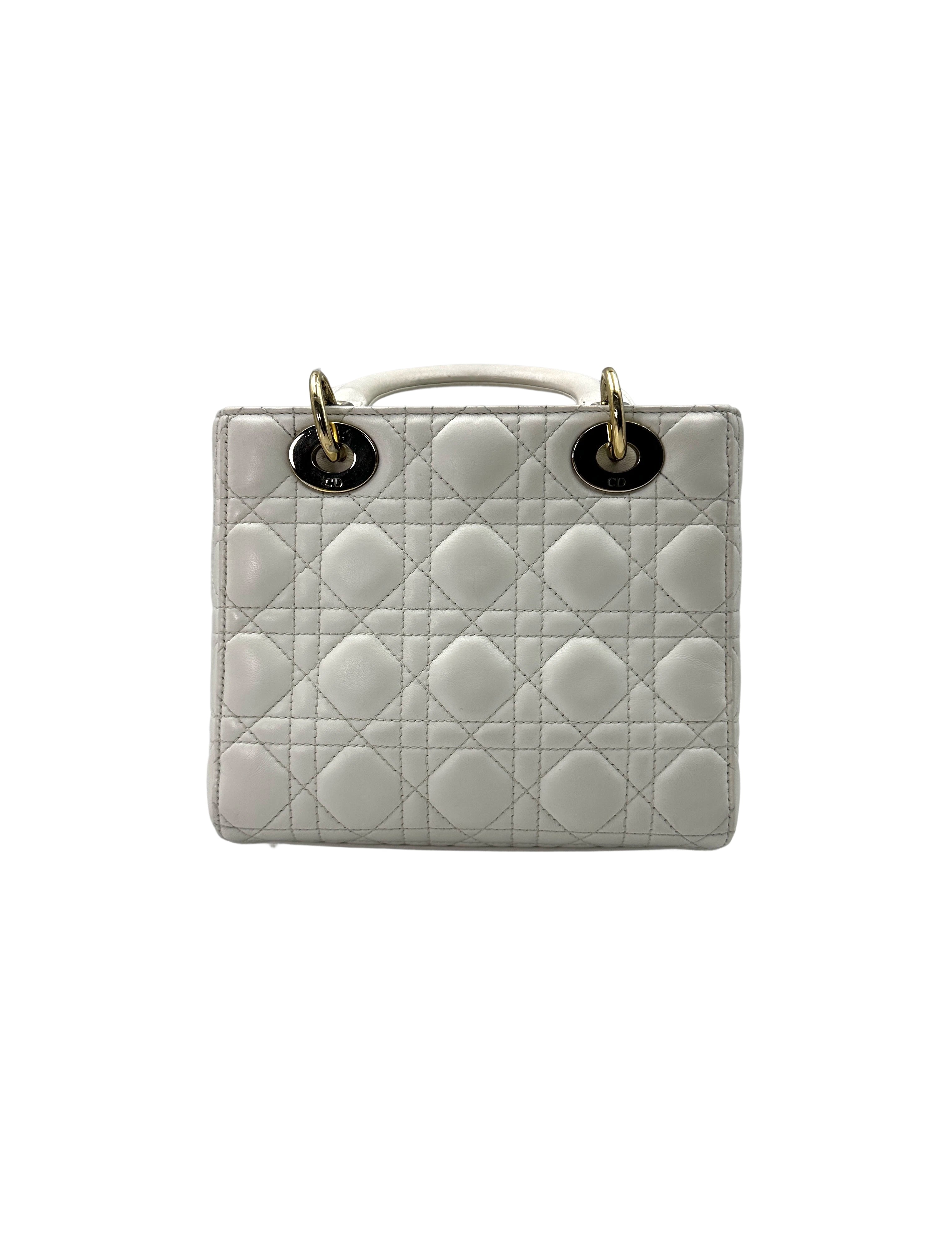 Christian Dior Lady Dior White Cannage Lambskin Handle Bag With Gold Charms DR624