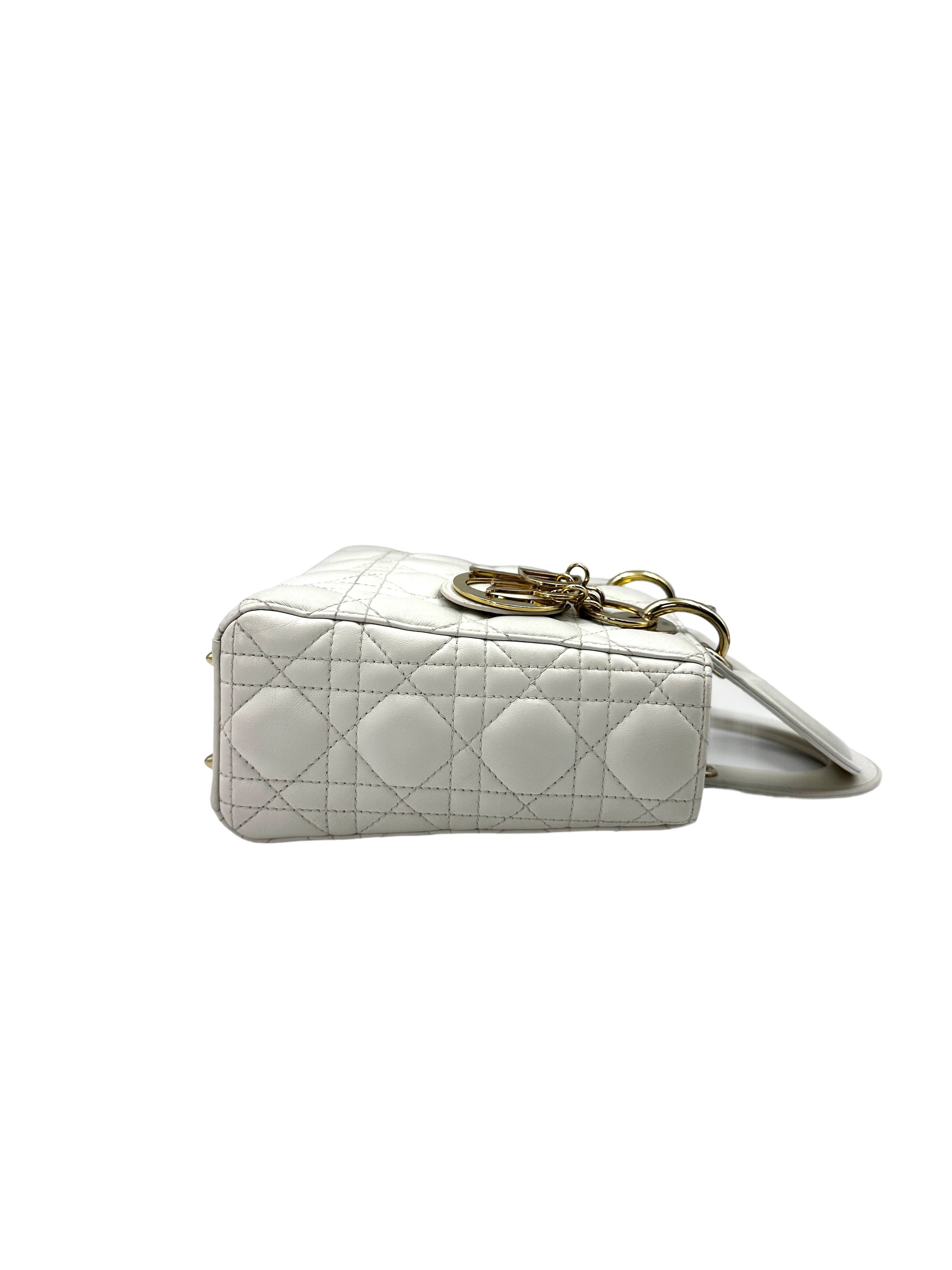Christian Dior Lady Dior White Cannage Lambskin Handle Bag With Gold Charms DR624