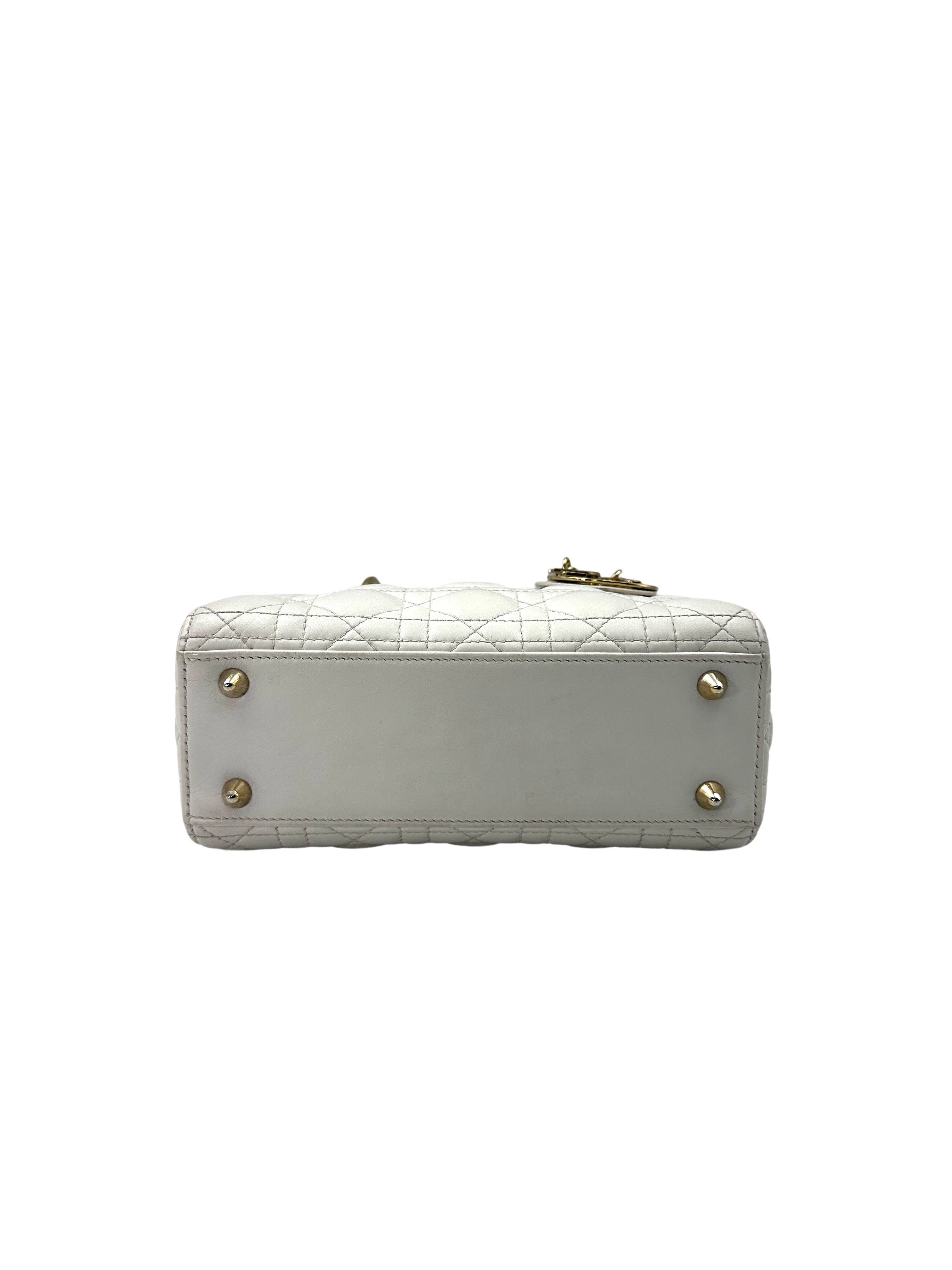 Christian Dior Lady Dior White Cannage Lambskin Handle Bag With Gold Charms DR624