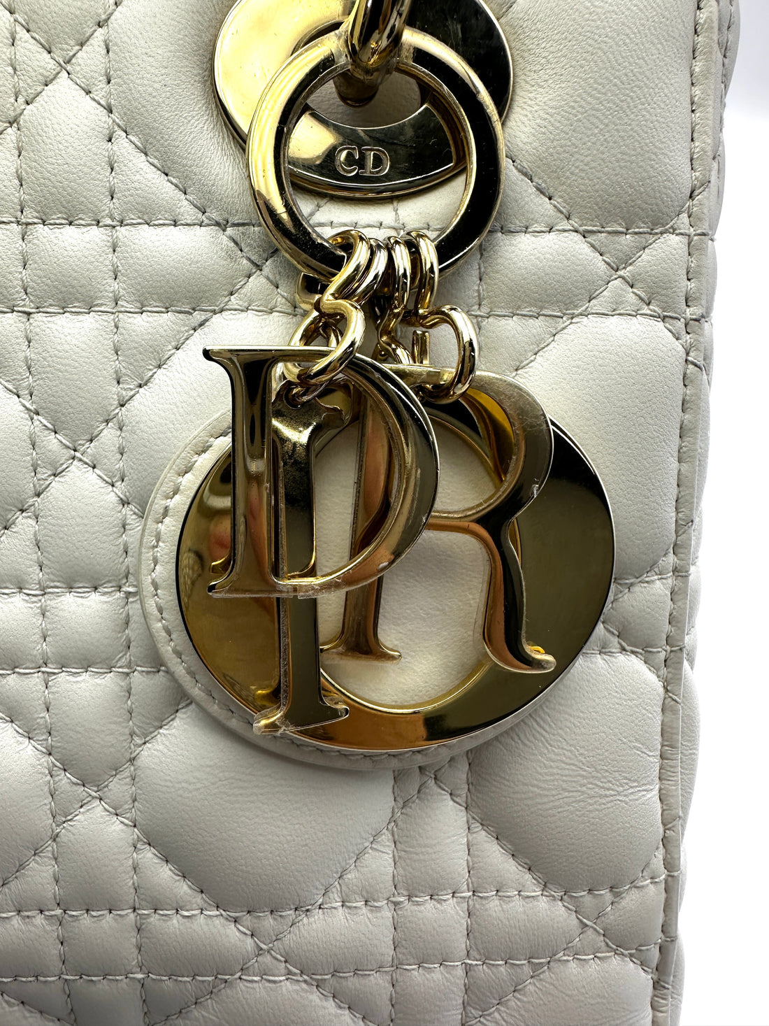 Christian Dior Lady Dior White Cannage Lambskin Handle Bag With Gold Charms DR624