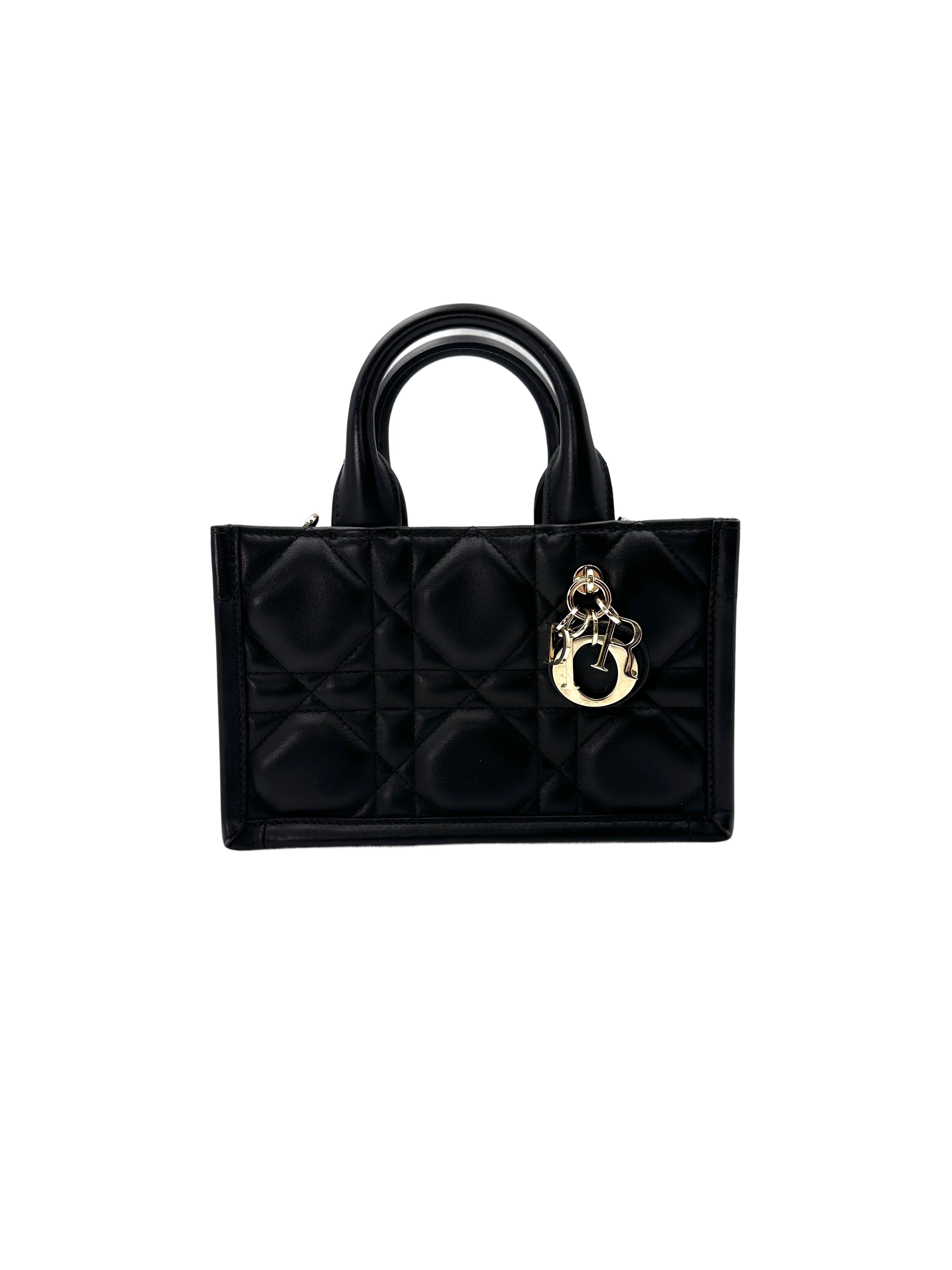 Christian Dior Book Tote Black Cannage Leather Handle Bag With Gold Charms DR627