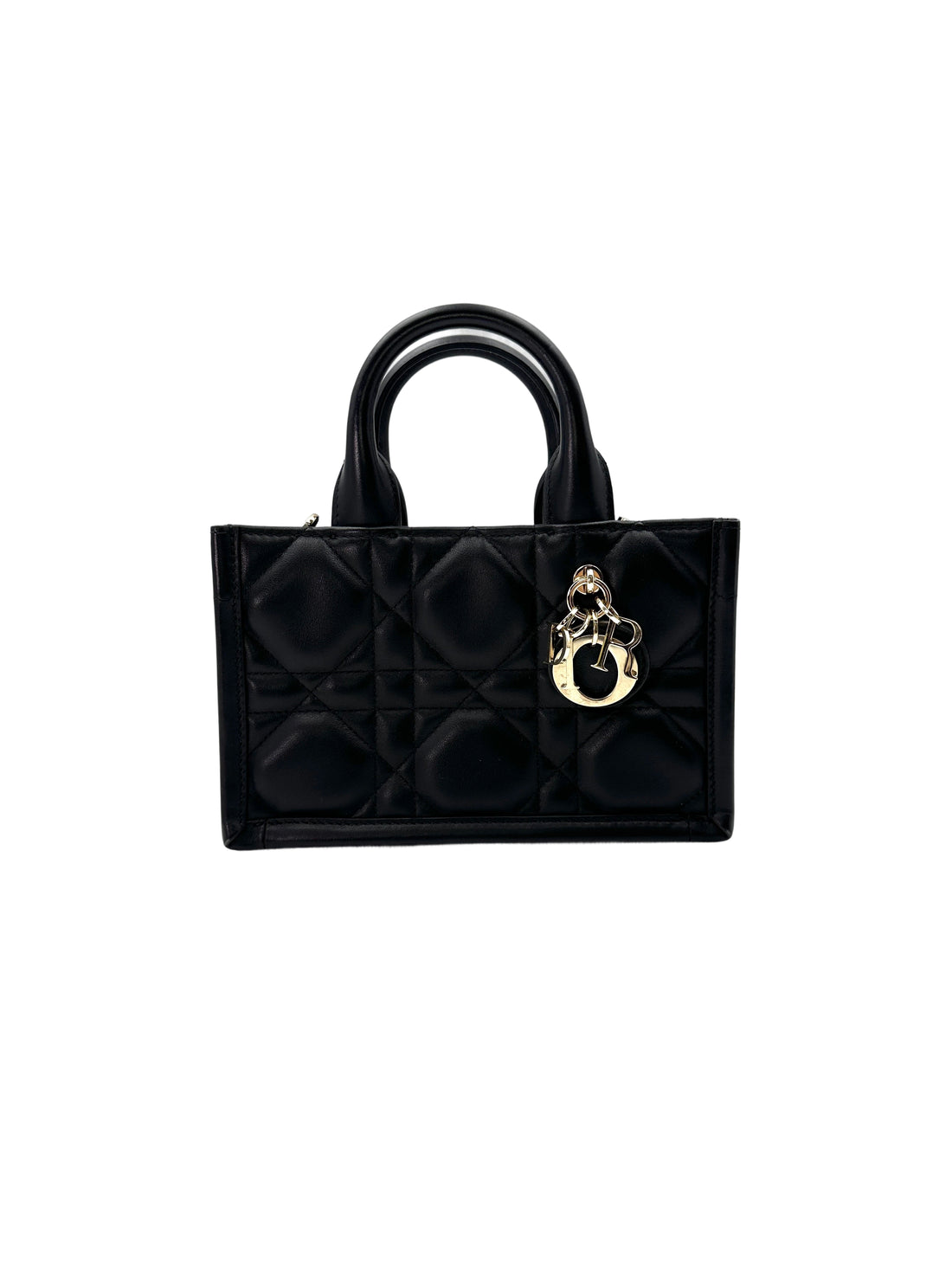 Christian Dior Book Tote Black Cannage Leather Handle Bag With Gold Charms DR627