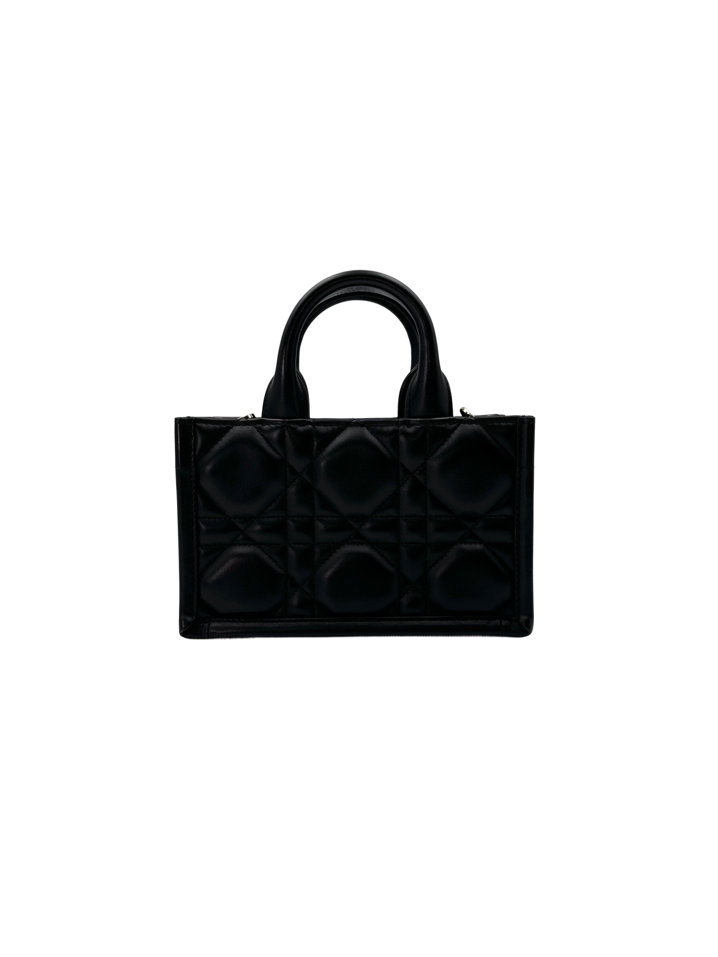 Christian Dior Book Tote Black Cannage Leather Handle Bag With Gold Charms DR627