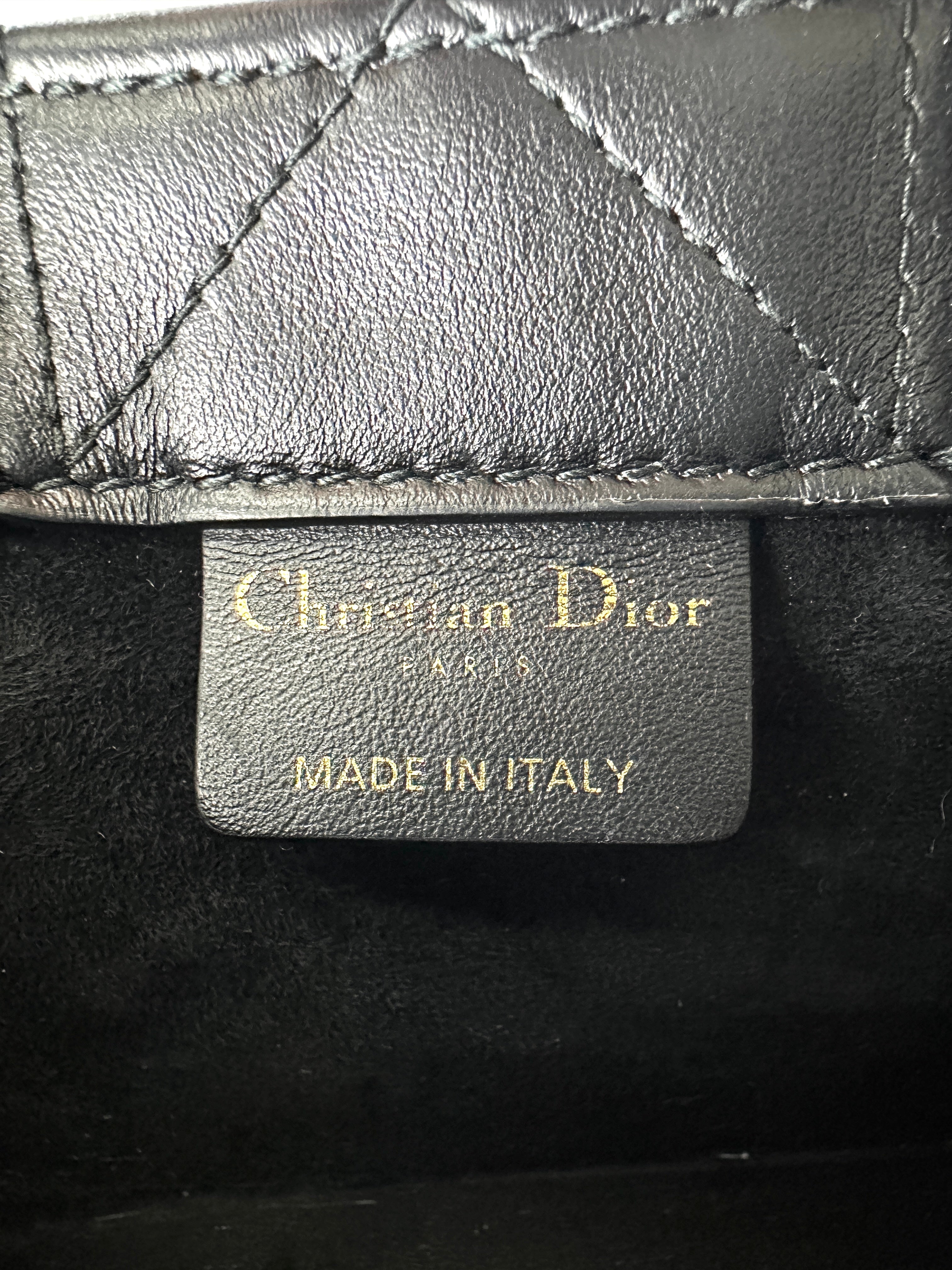 Christian Dior Book Tote Black Cannage Leather Handle Bag With Gold Charms DR627