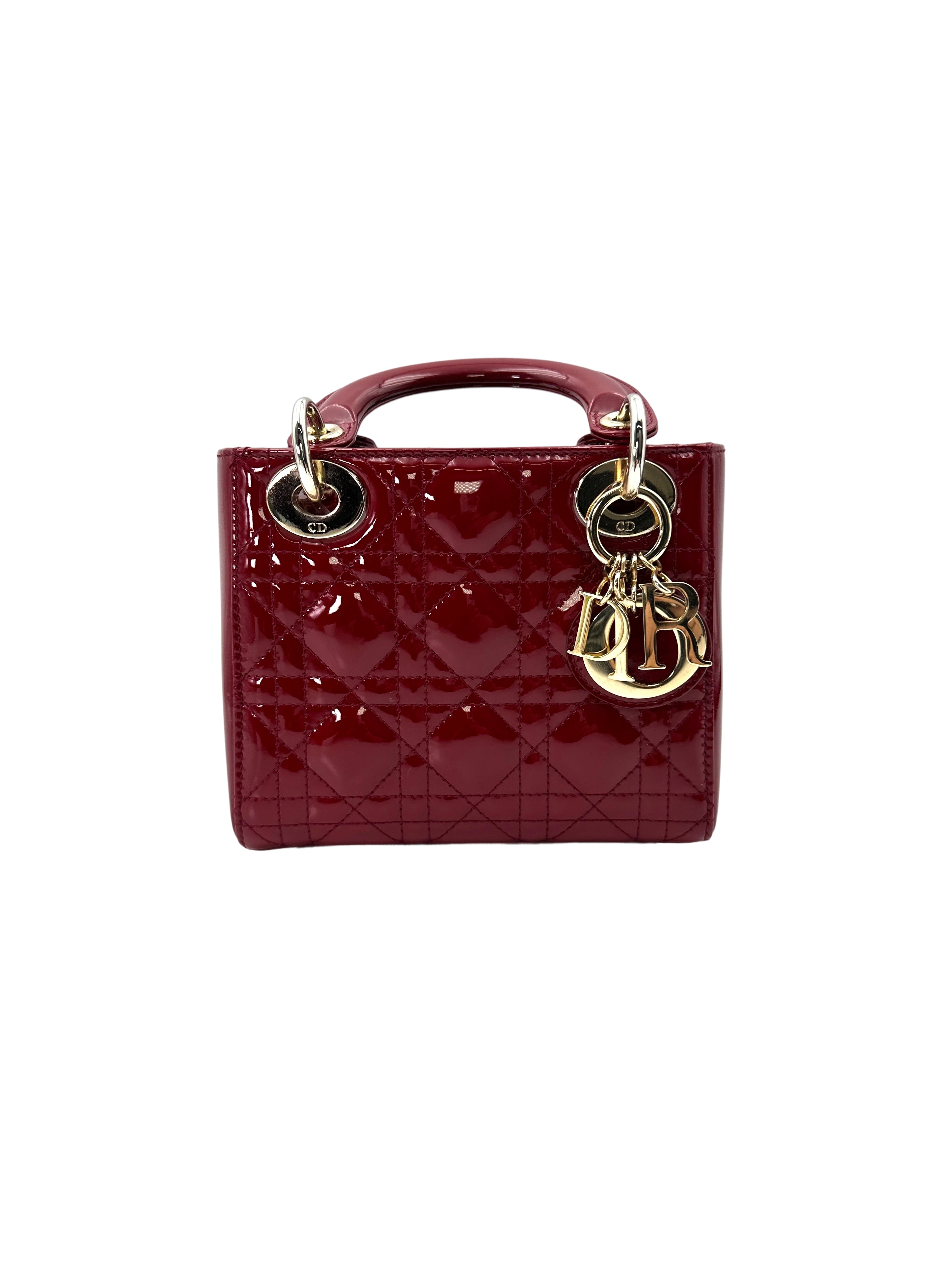 Christian Dior Lady Dior Red Patent Cannage Leather Handle Bag With Gold Charms DR629