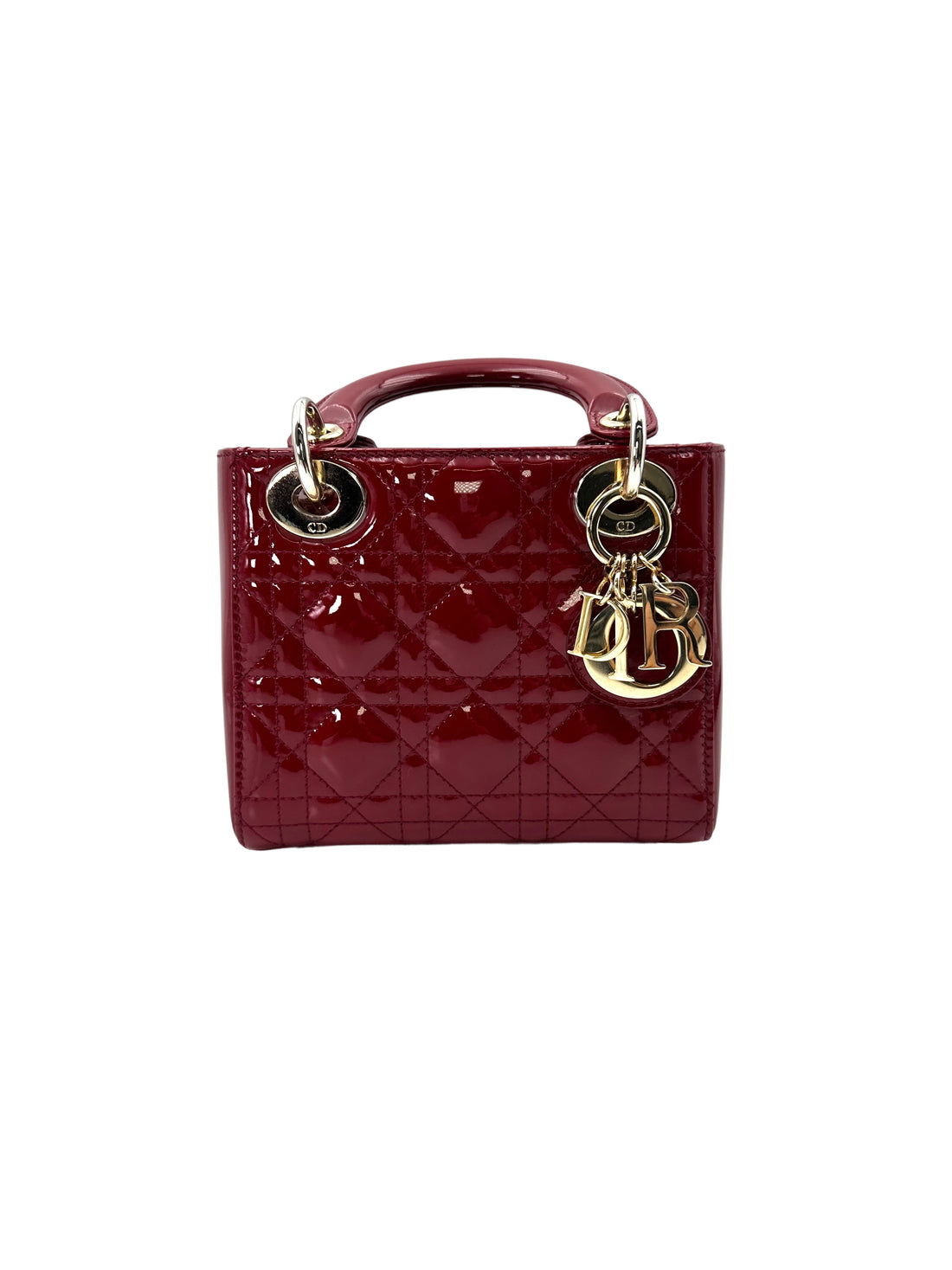 Christian Dior Lady Dior Red Patent Cannage Leather Handle Bag With Gold Charms DR629