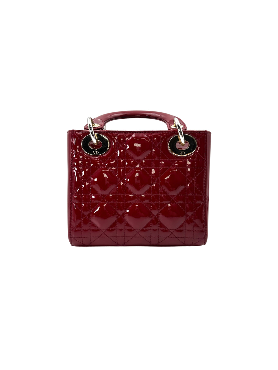 Christian Dior Lady Dior Red Patent Cannage Leather Handle Bag With Gold Charms DR629