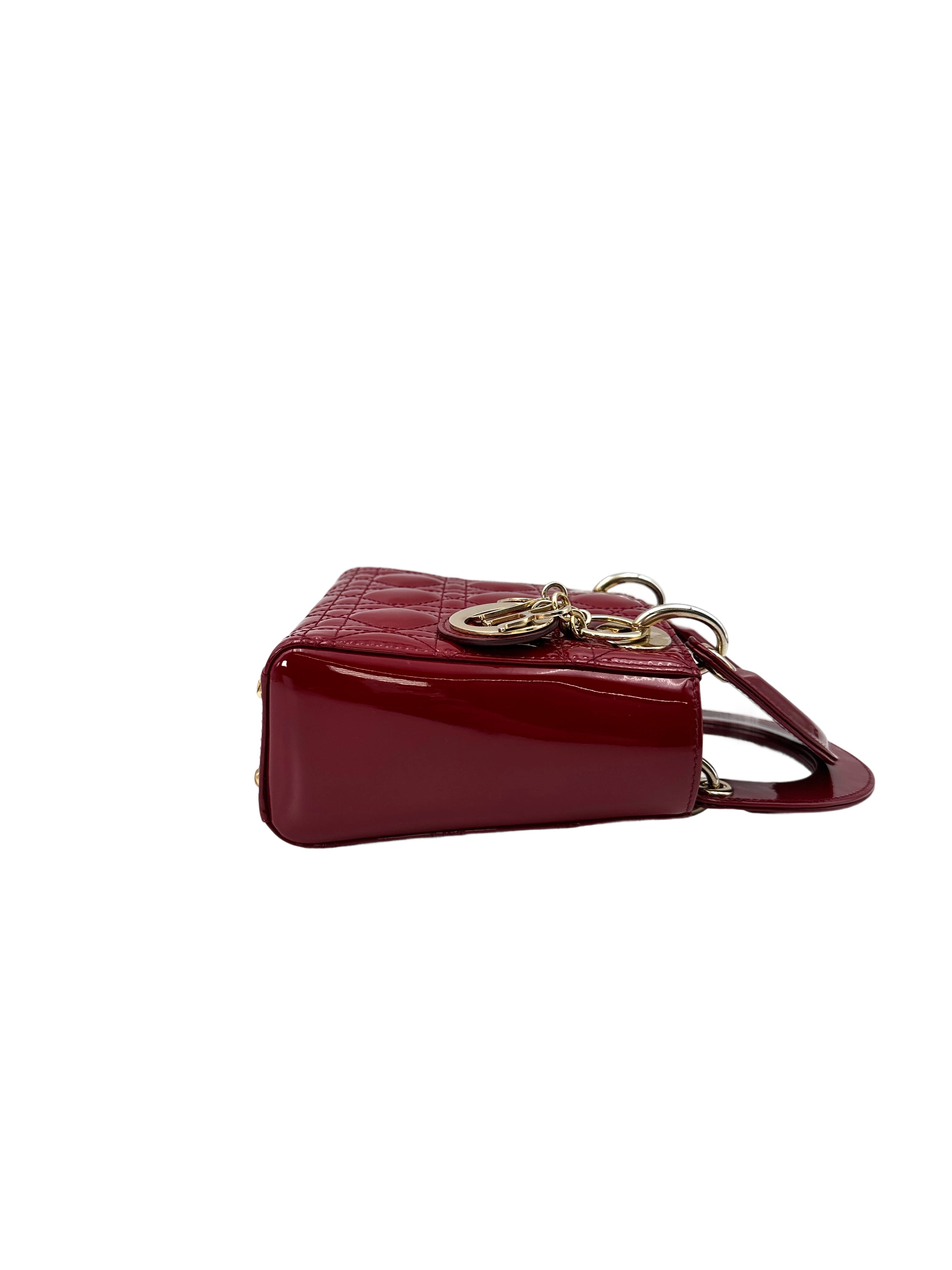 Christian Dior Lady Dior Red Patent Cannage Leather Handle Bag With Gold Charms DR629