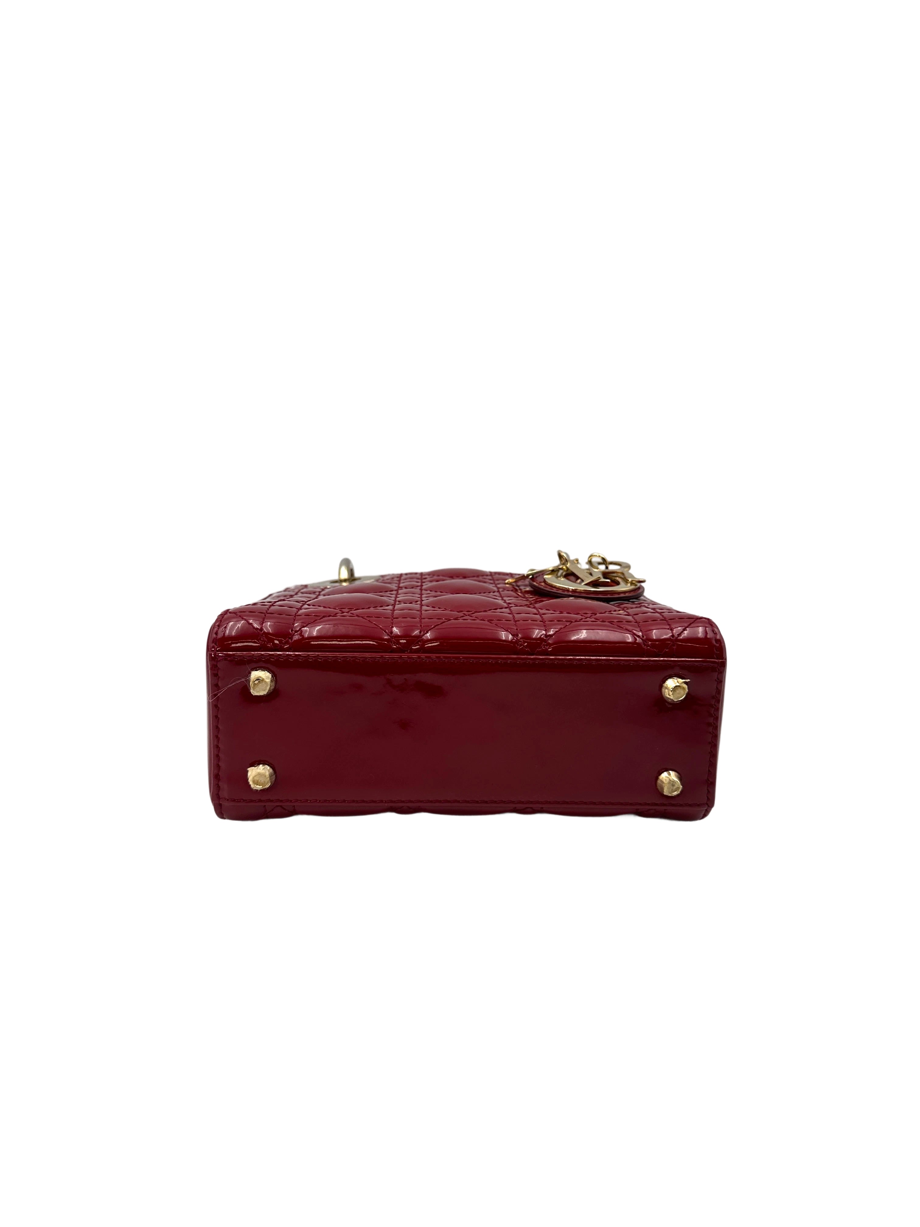 Christian Dior Lady Dior Red Patent Cannage Leather Handle Bag With Gold Charms DR629