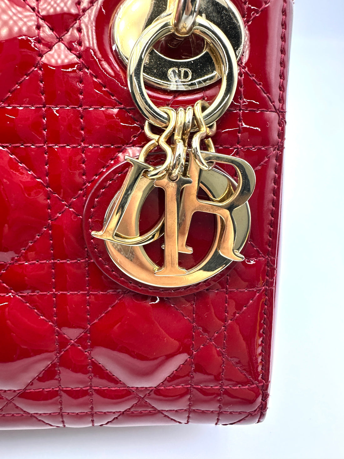Christian Dior Lady Dior Red Patent Cannage Leather Handle Bag With Gold Charms DR629