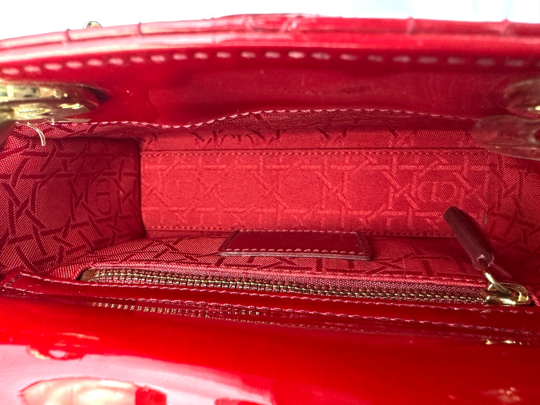 Christian Dior Lady Dior Red Patent Cannage Leather Handle Bag With Gold Charms DR629