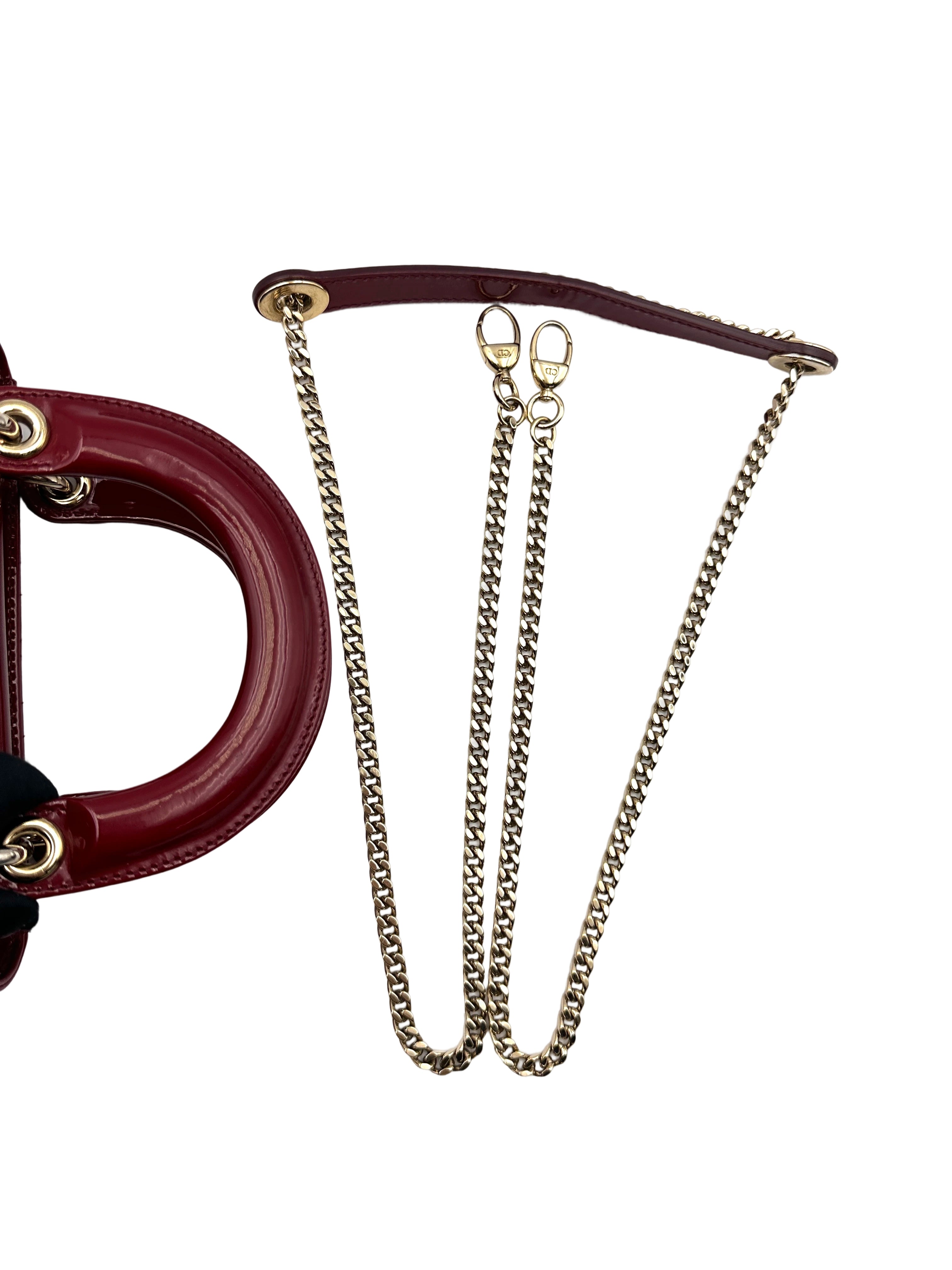 Christian Dior Lady Dior Red Patent Cannage Leather Handle Bag With Gold Charms DR629