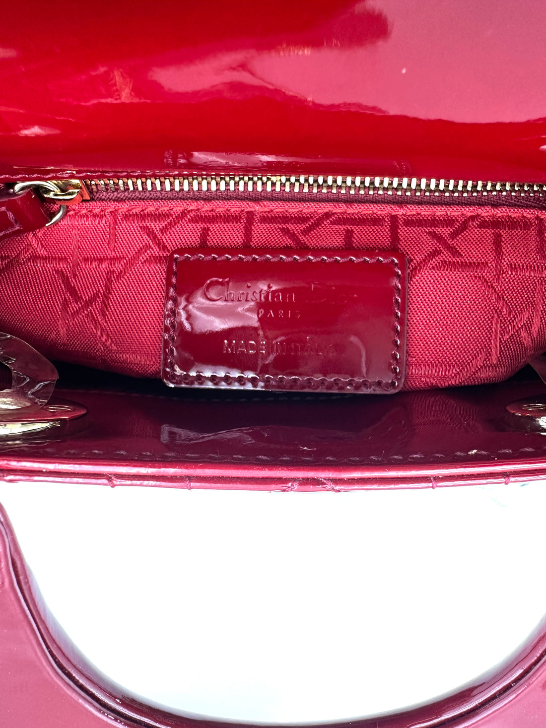 Christian Dior Lady Dior Red Patent Cannage Leather Handle Bag With Gold Charms DR629