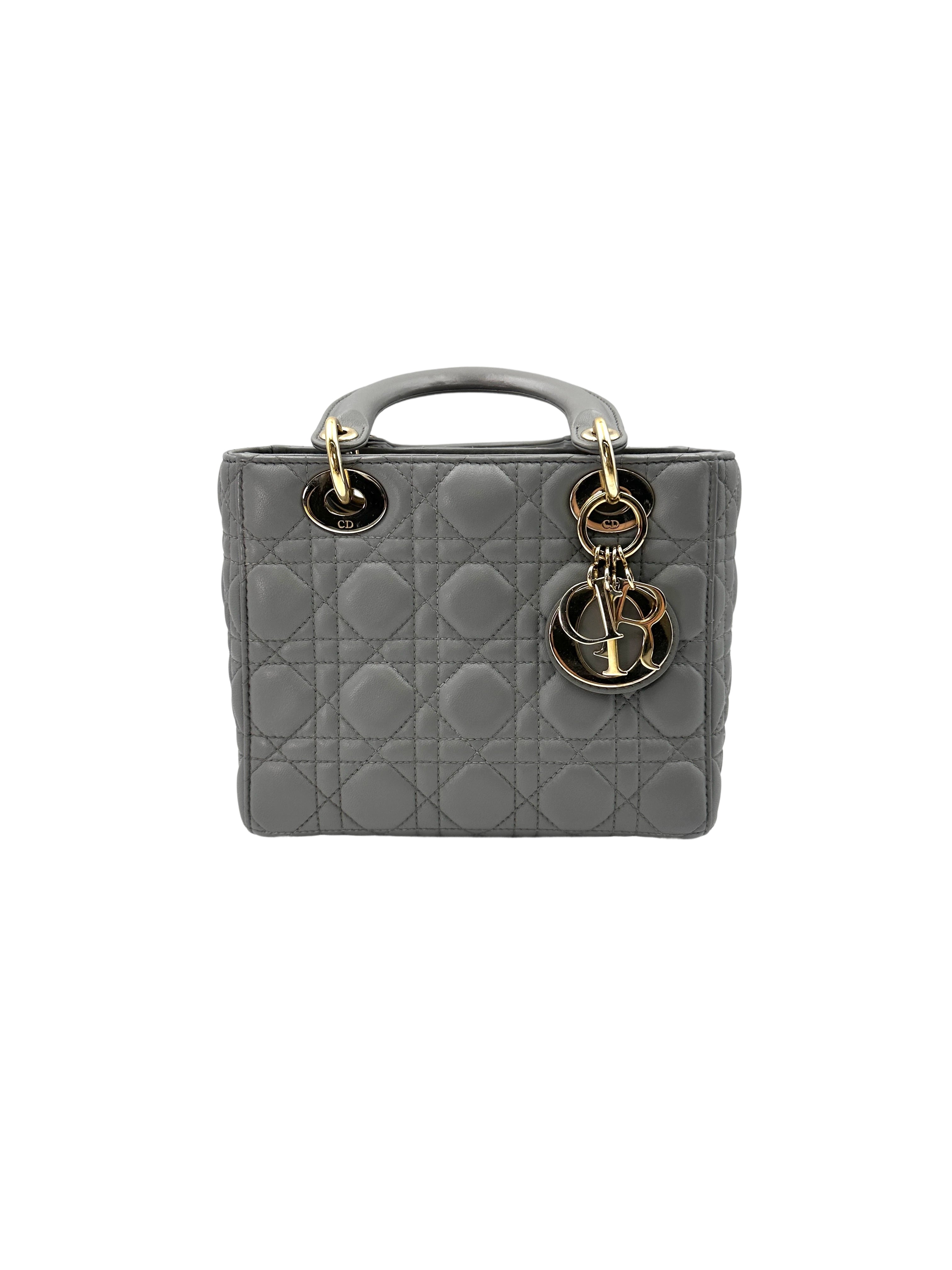 Christian Dior Lady Dior Grey Cannage Leather Handle Bag With Silver Charms DR631