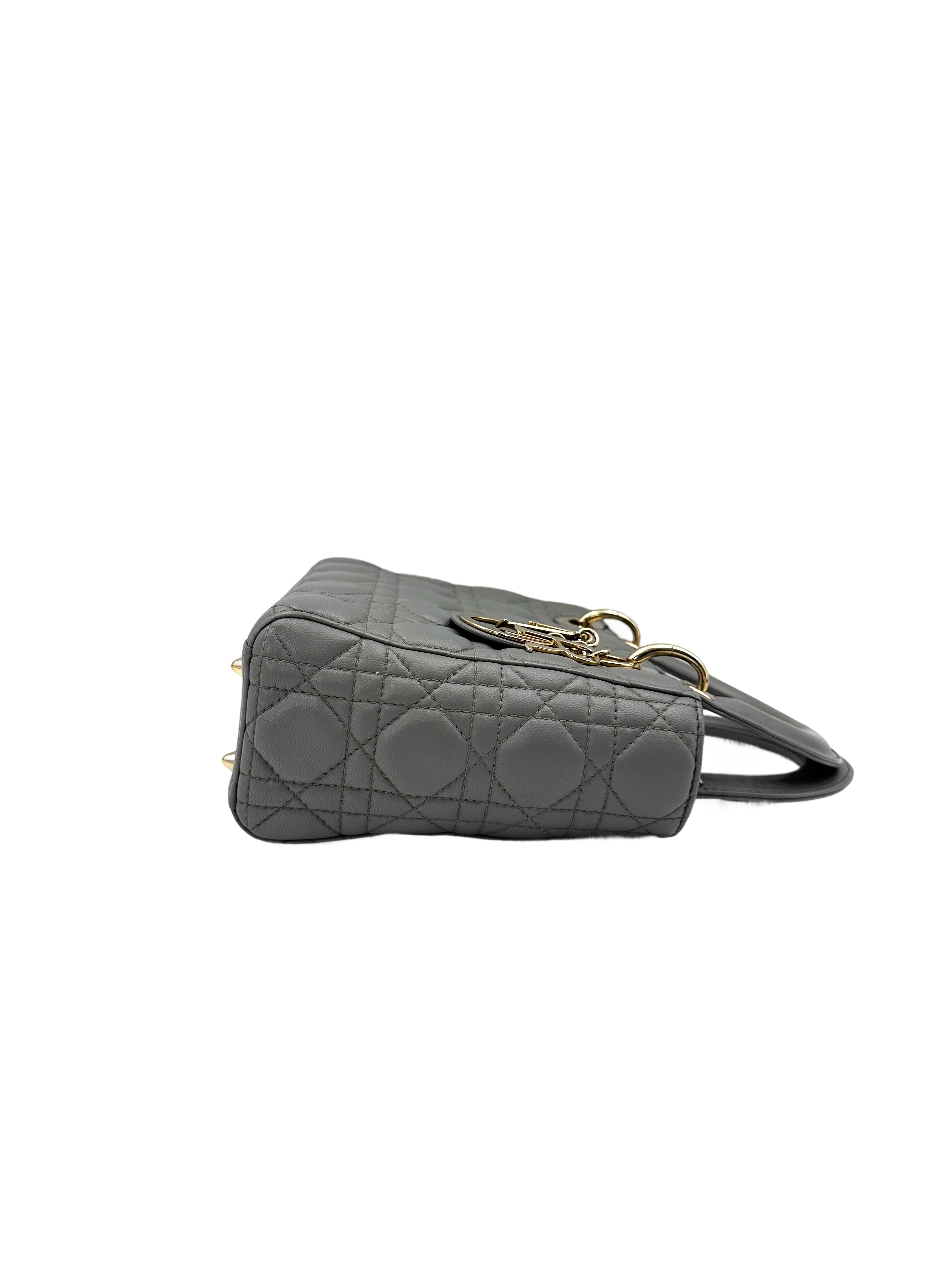 Christian Dior Lady Dior Grey Cannage Leather Handle Bag With Silver Charms DR631