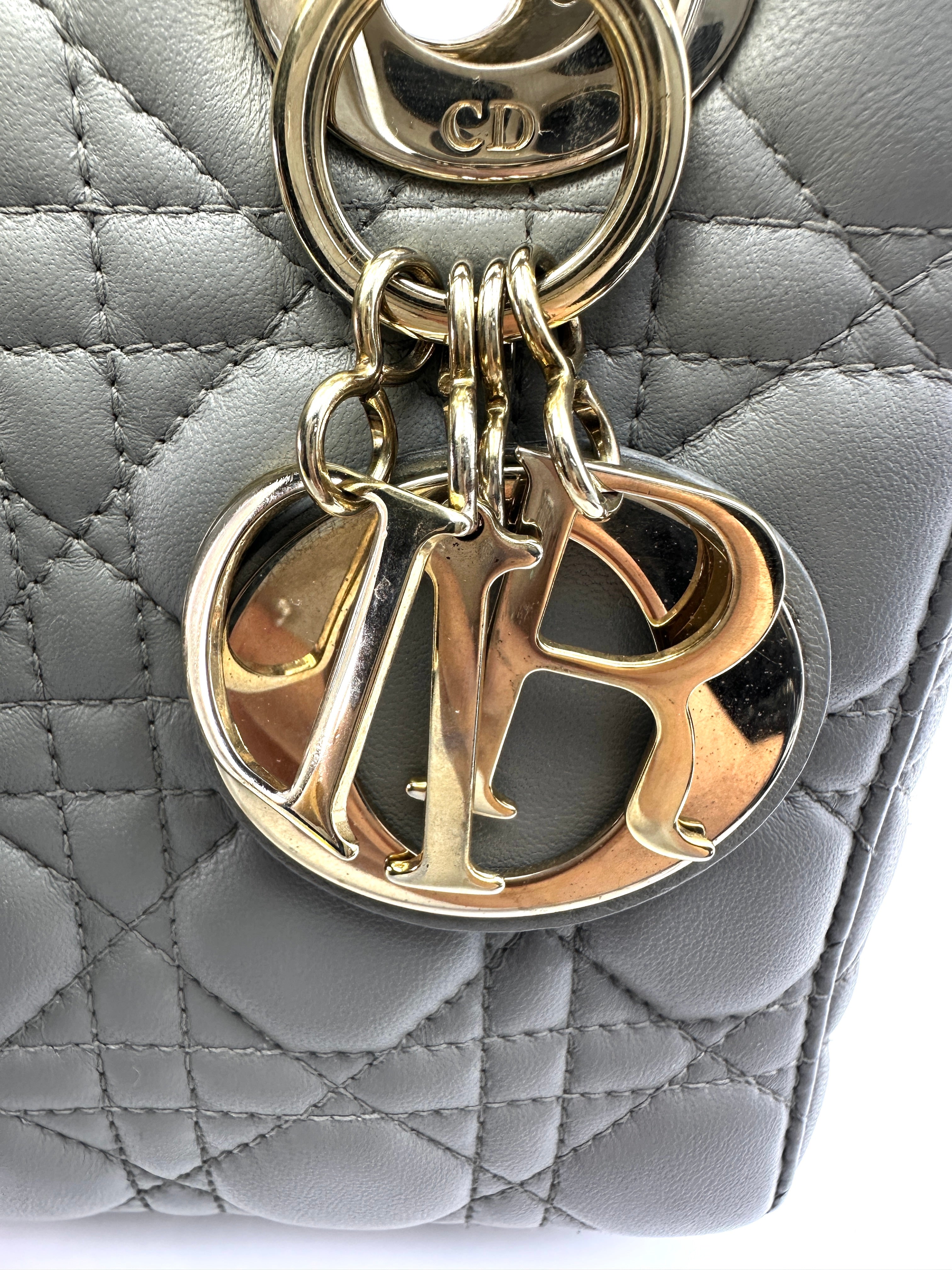 Christian Dior Lady Dior Grey Cannage Leather Handle Bag With Silver Charms DR631