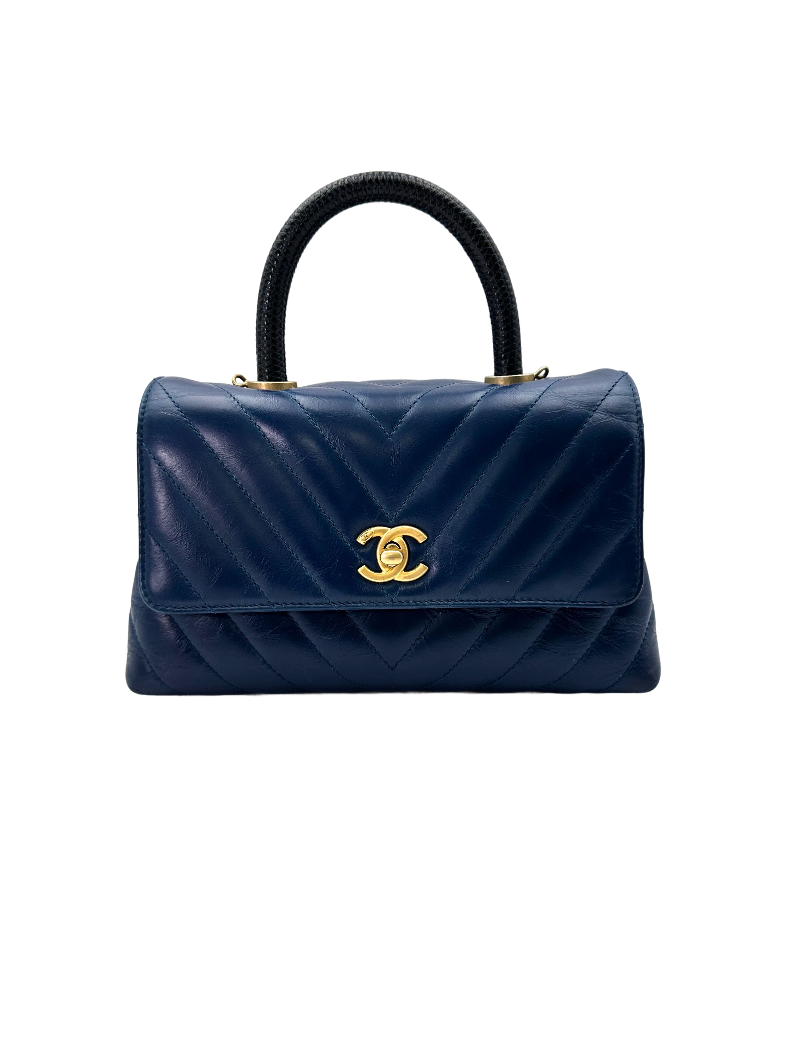Chanel CoCo Handle Navy Chevron Quilted Calfskin Small Size Lizard Handle Bag(25***69) IRIS120