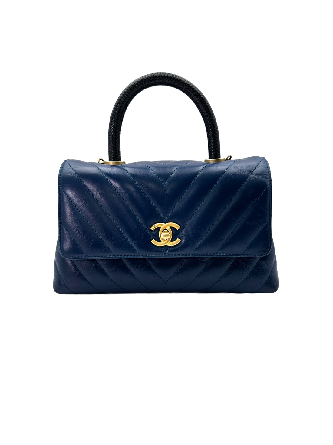 Chanel CoCo Handle Navy Chevron Quilted Calfskin Small Size Lizard Handle Bag(25***69) IRIS120