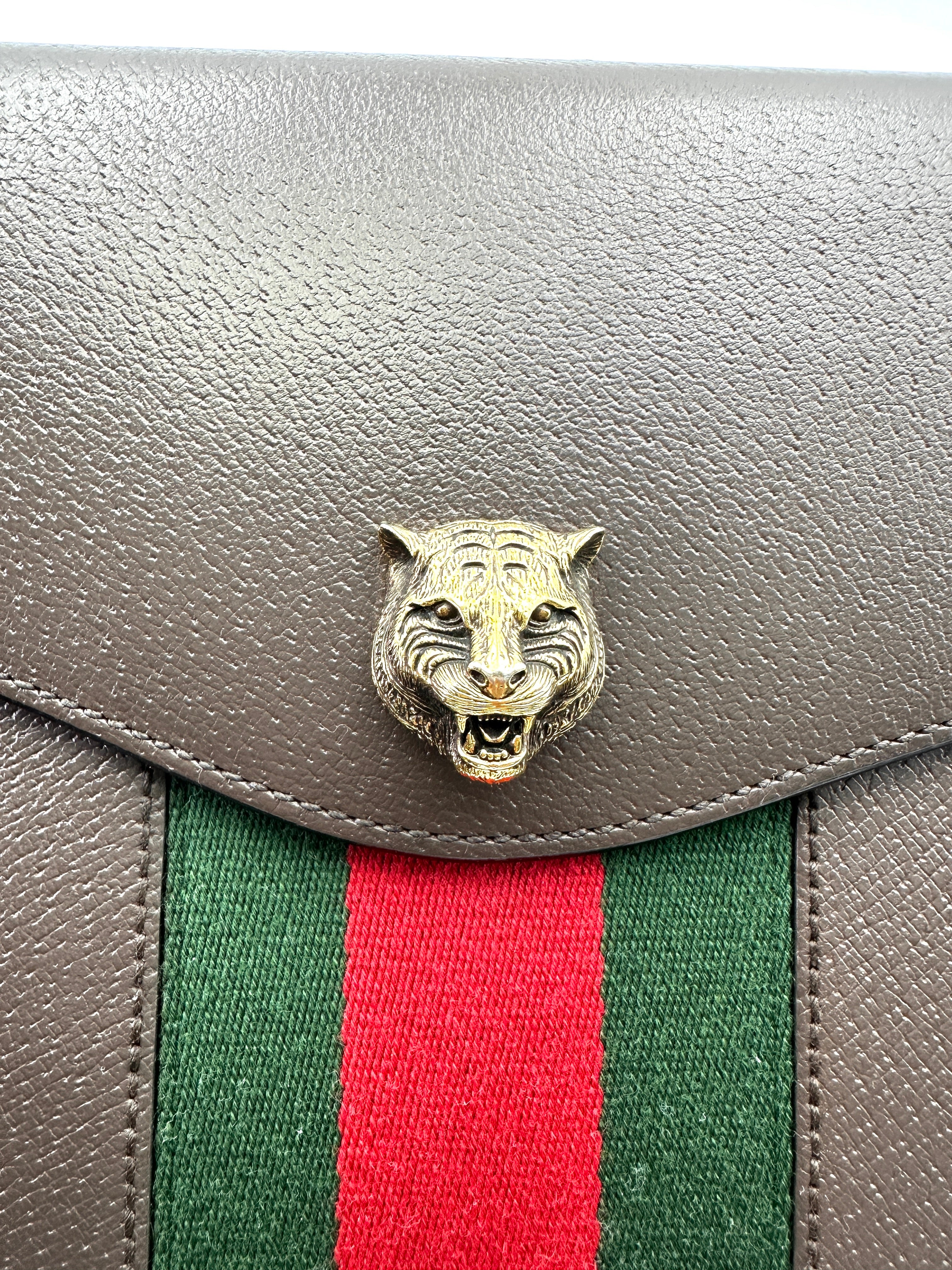Gucci Animalier Brown Leather Web Tiger Head Chain Shoulder Bag GG822