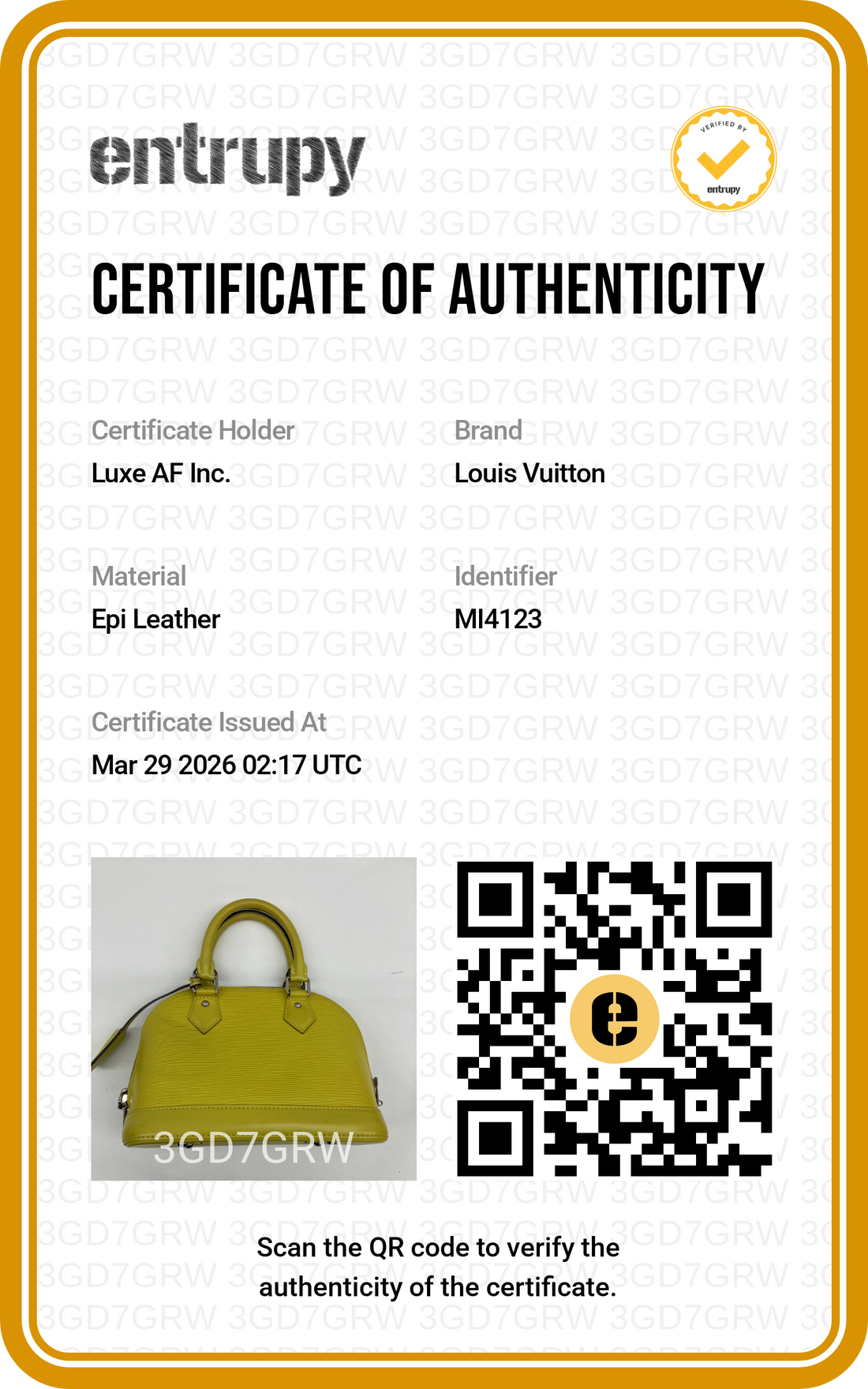 Louis Vuitton Alma BB Yellow Epi Leather Handle Bag LV2348