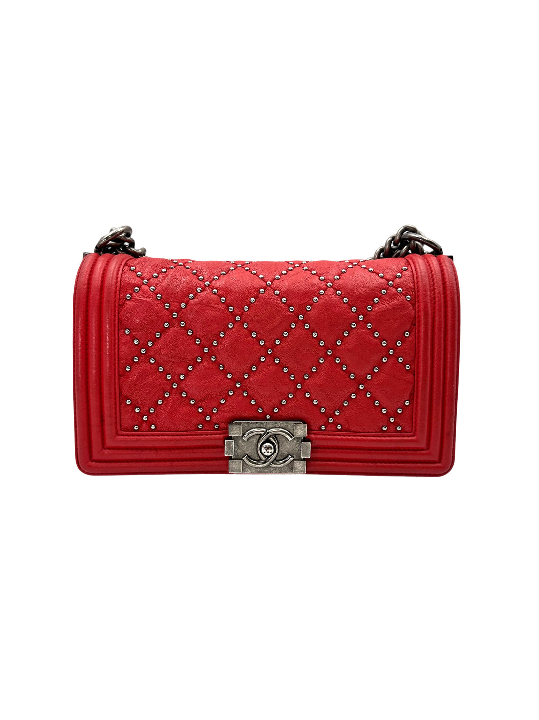 Chanel LeBoy Red Quilted Studded Leather Medium Size Flap Bag With Aged Silver Buckle(21***94) CC1665