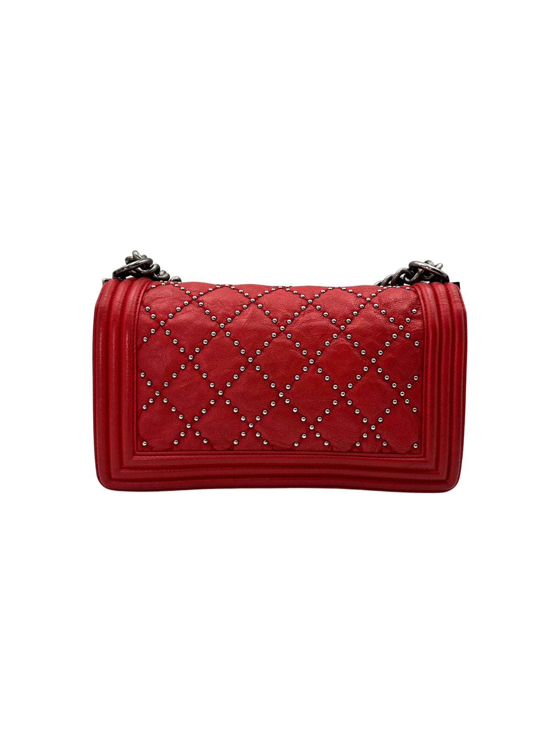 Chanel LeBoy Red Quilted Studded Leather Medium Size Flap Bag With Aged Silver Buckle(21***94) CC1665