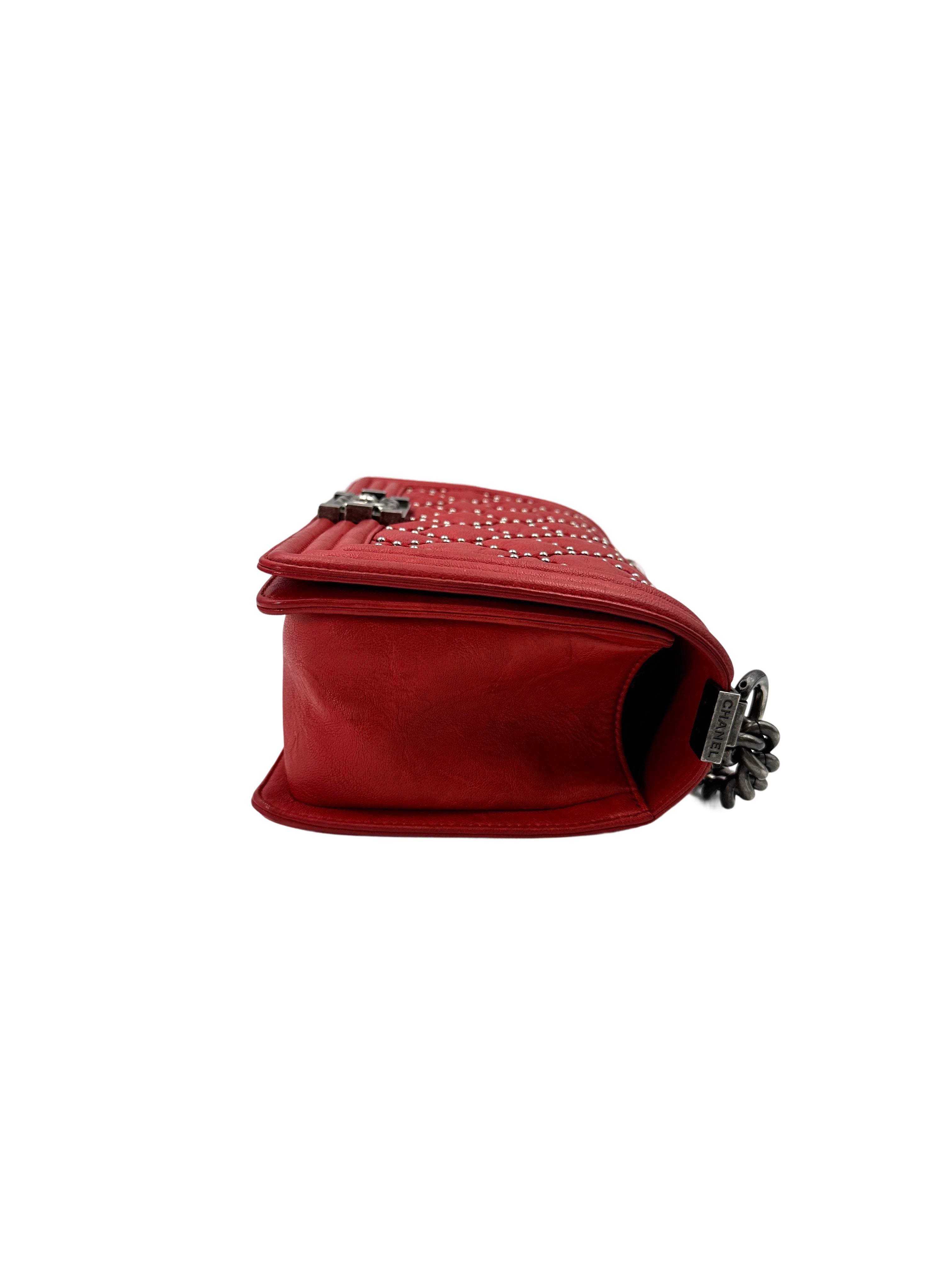 Chanel LeBoy Red Quilted Studded Leather Medium Size Flap Bag With Aged Silver Buckle(21***94) CC1665