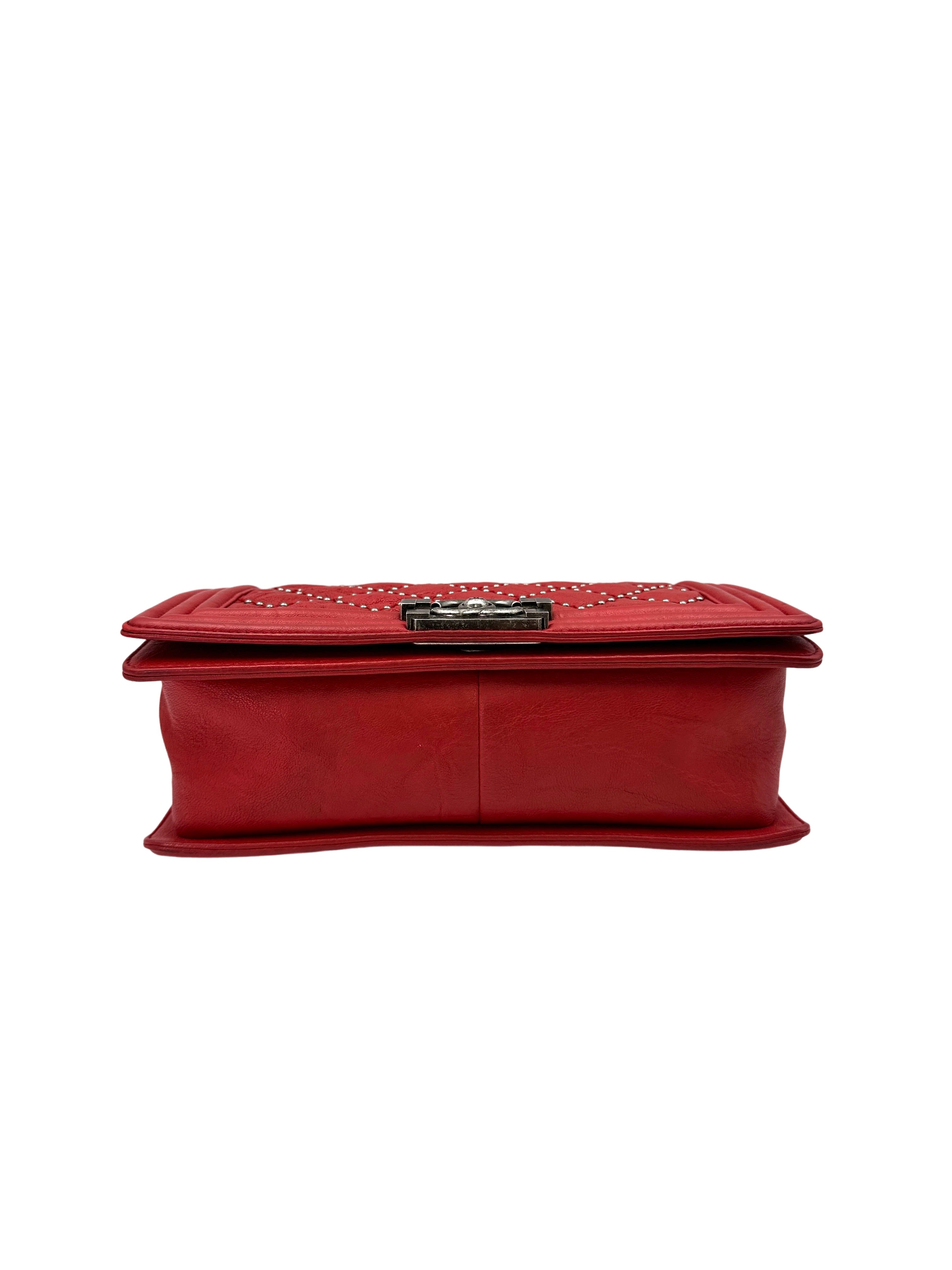 Chanel LeBoy Red Quilted Studded Leather Medium Size Flap Bag With Aged Silver Buckle(21***94) CC1665