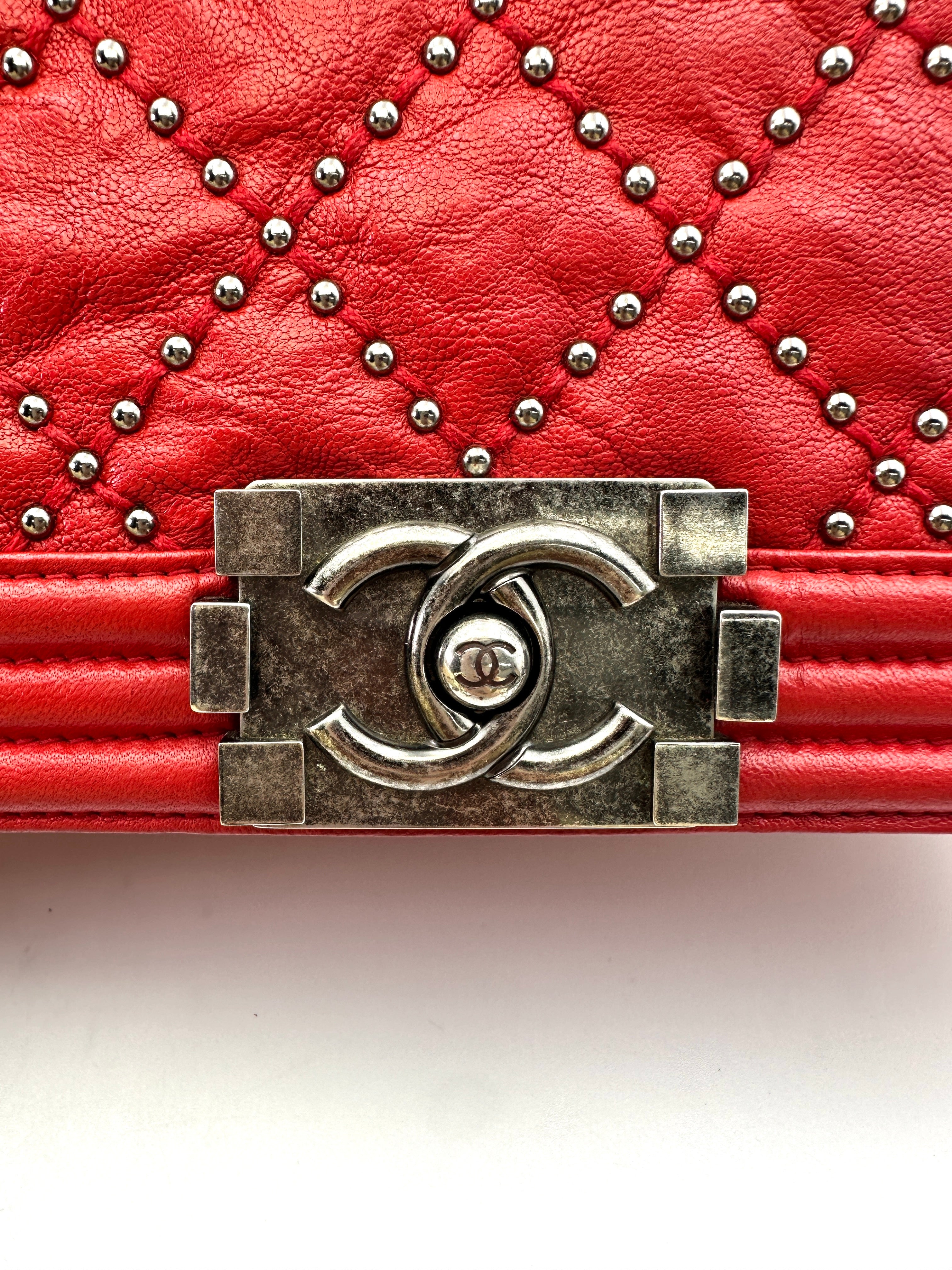 Chanel LeBoy Red Quilted Studded Leather Medium Size Flap Bag With Aged Silver Buckle(21***94) CC1665