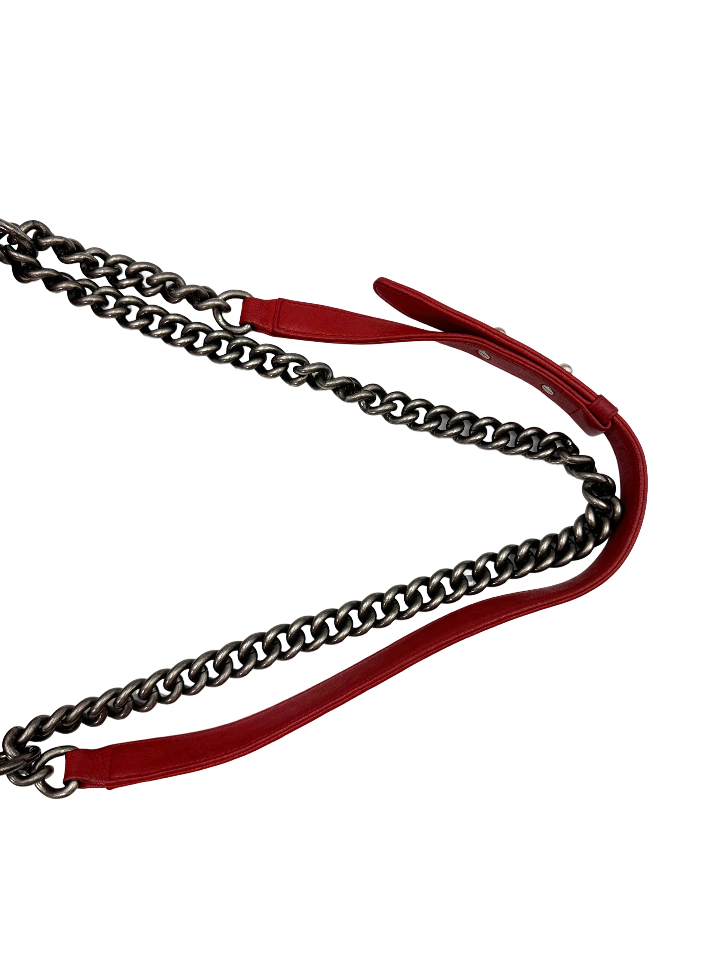 Chanel LeBoy Red Quilted Studded Leather Medium Size Flap Bag With Aged Silver Buckle(21***94) CC1665