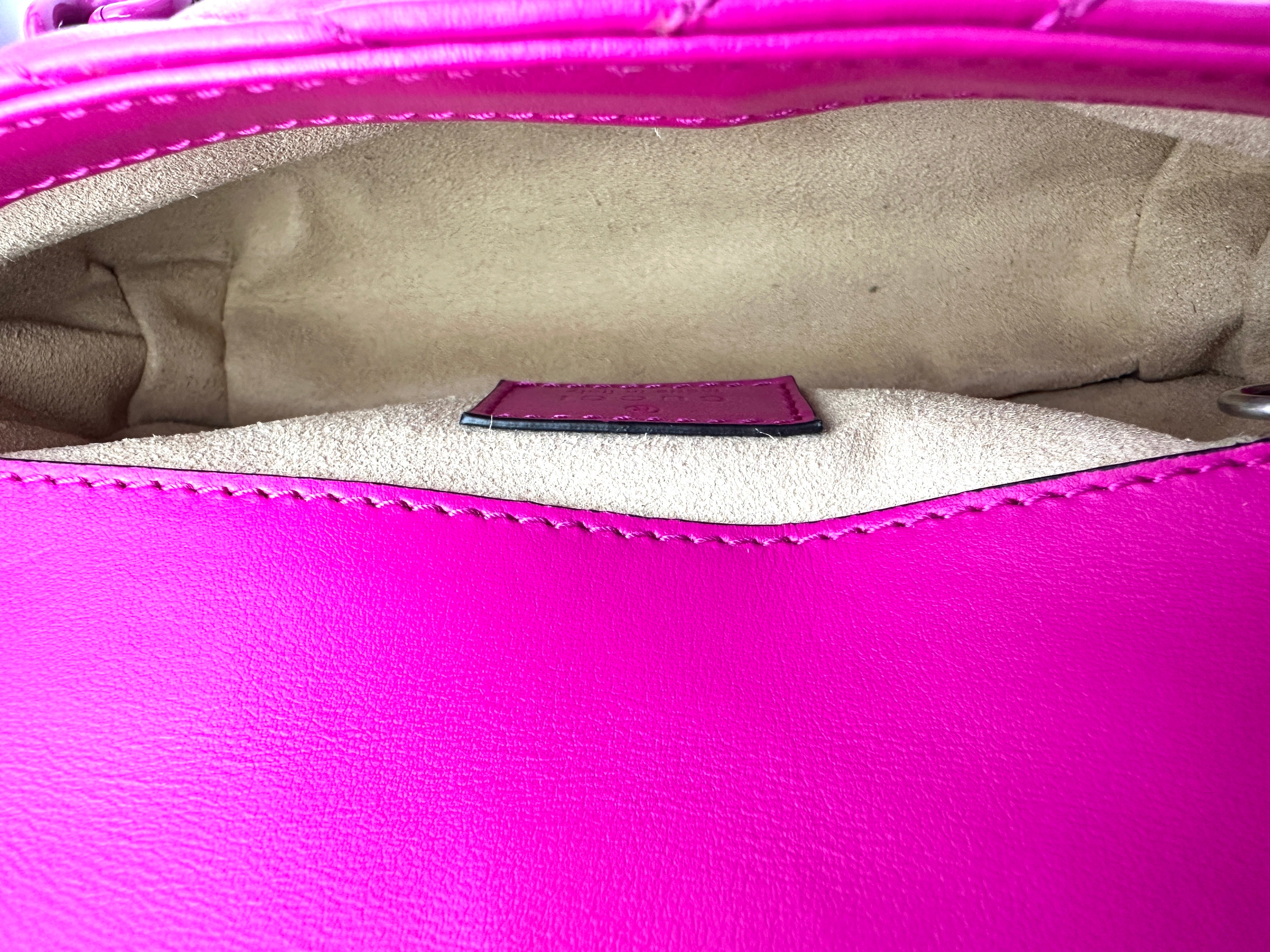 Gucci GG Marmont Pink Chevron Matelasse Leather Mini Chain Shoulder Bag With Tonal Resin Hardware GG827