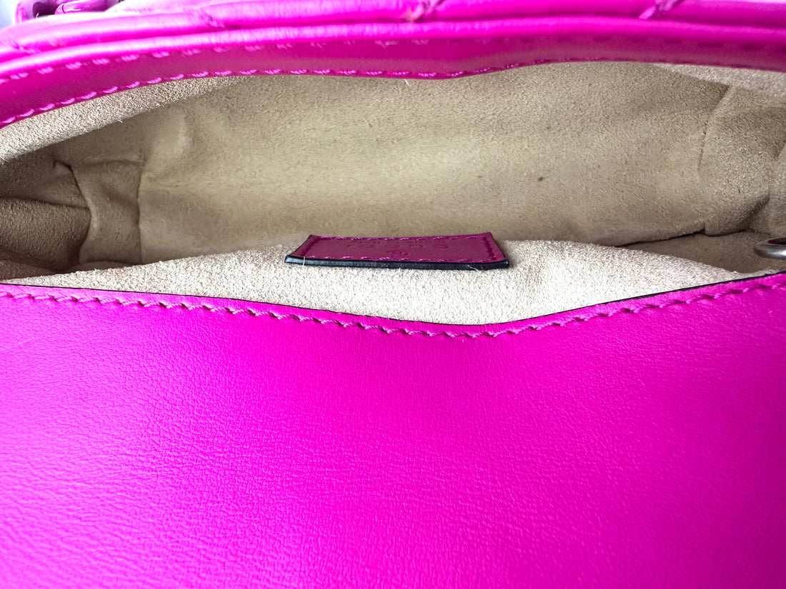 Gucci GG Marmont Pink Chevron Matelasse Leather Mini Chain Shoulder Bag With Tonal Resin Hardware GG827