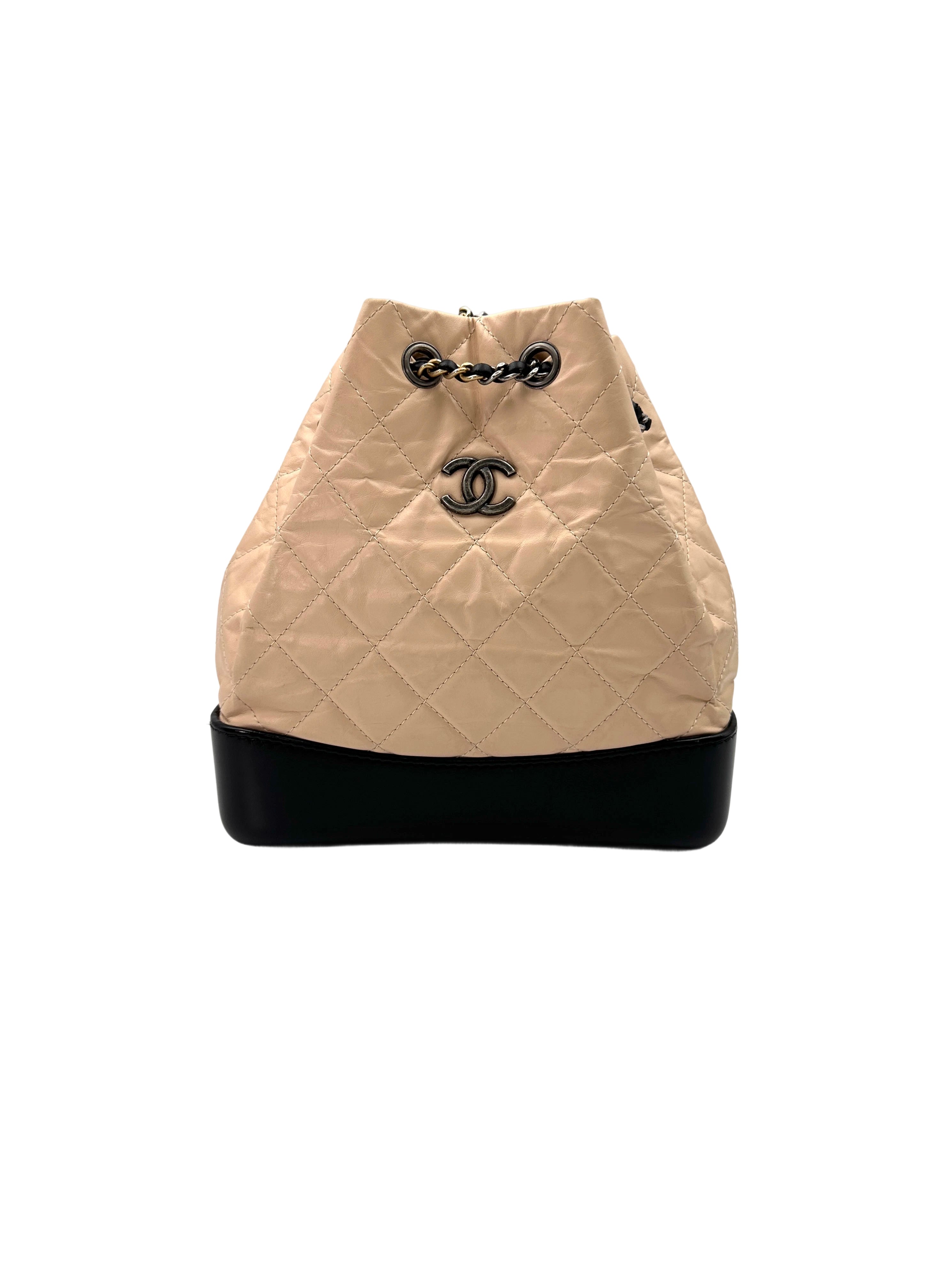 Chanel Gabrielle Beige/Black Quilted Leather Small Size Backpack(25***22) CC1668
