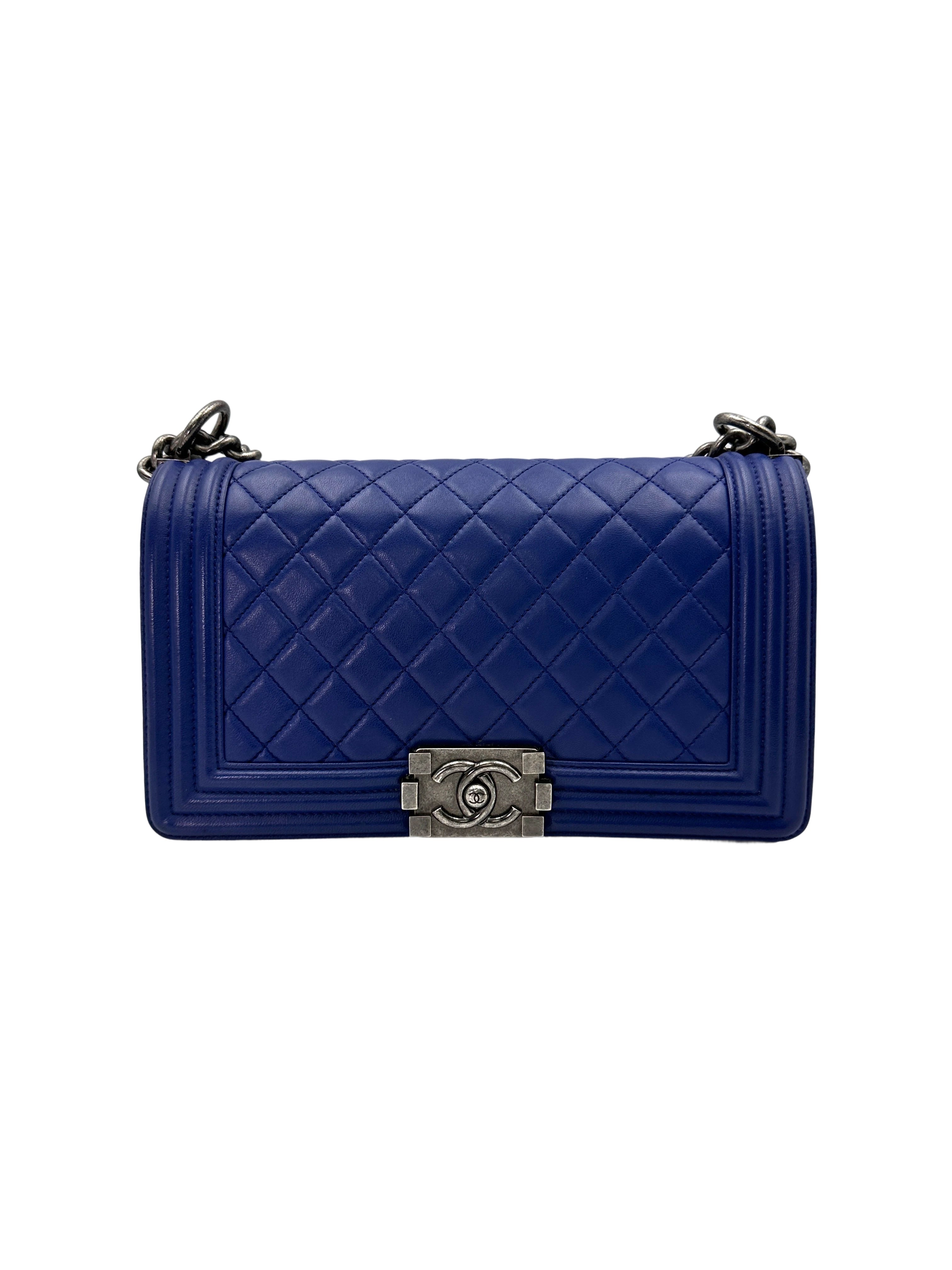 Chanel LeBoy Blue Quilted Lambskin Medium Size Flap Bag With Silver Buckle(23***10) CC1673