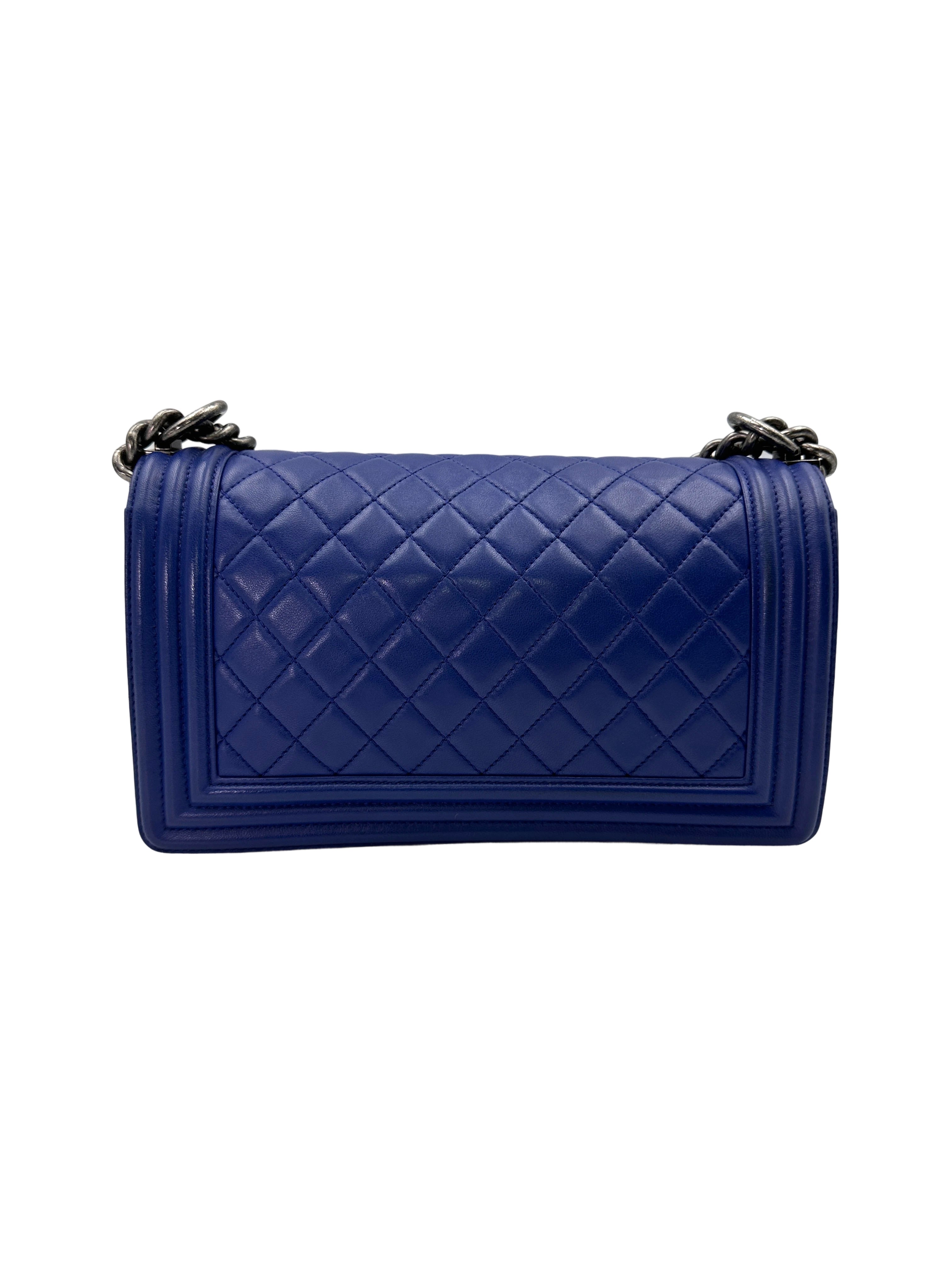 Chanel LeBoy Blue Quilted Lambskin Medium Size Flap Bag With Silver Buckle(23***10) CC1673