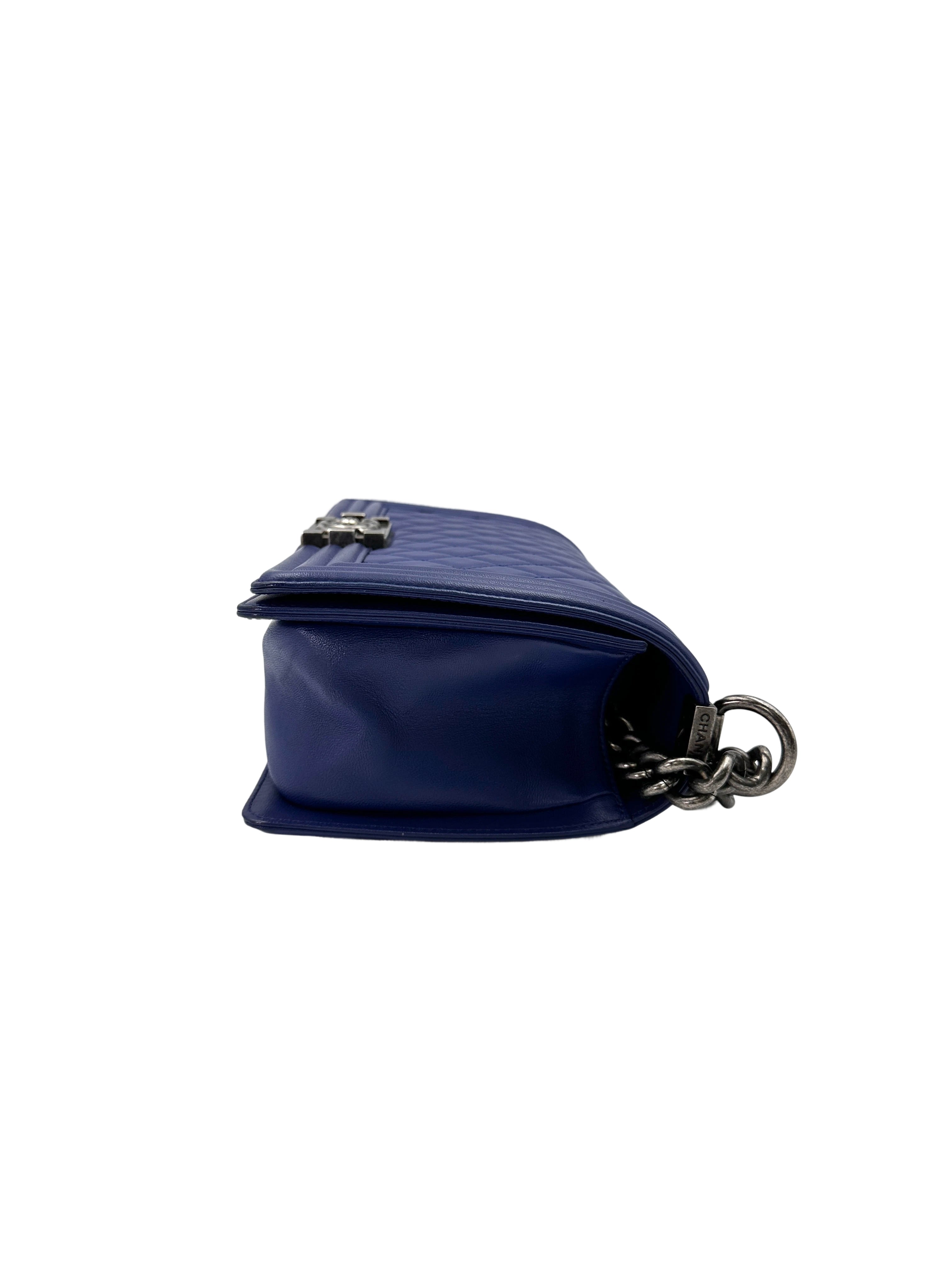 Chanel LeBoy Blue Quilted Lambskin Medium Size Flap Bag With Silver Buckle(23***10) CC1673