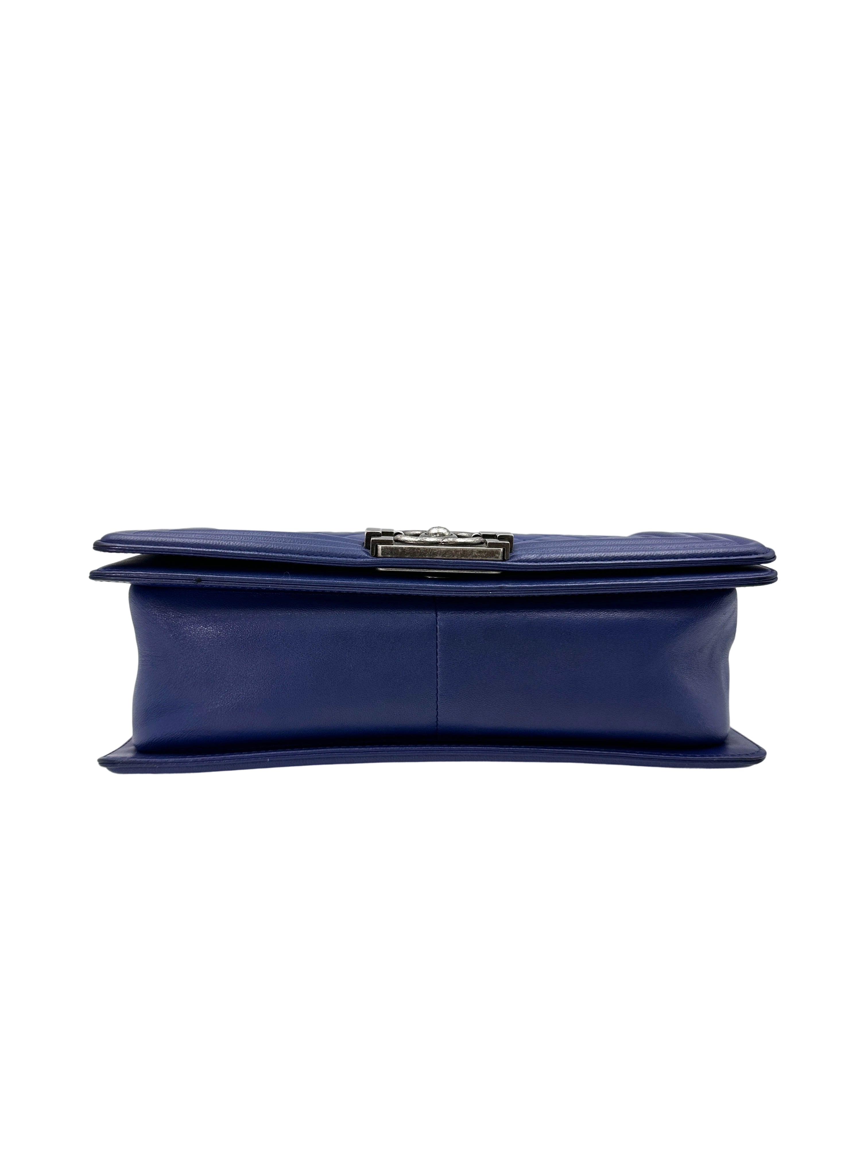Chanel LeBoy Blue Quilted Lambskin Medium Size Flap Bag With Silver Buckle(23***10) CC1673