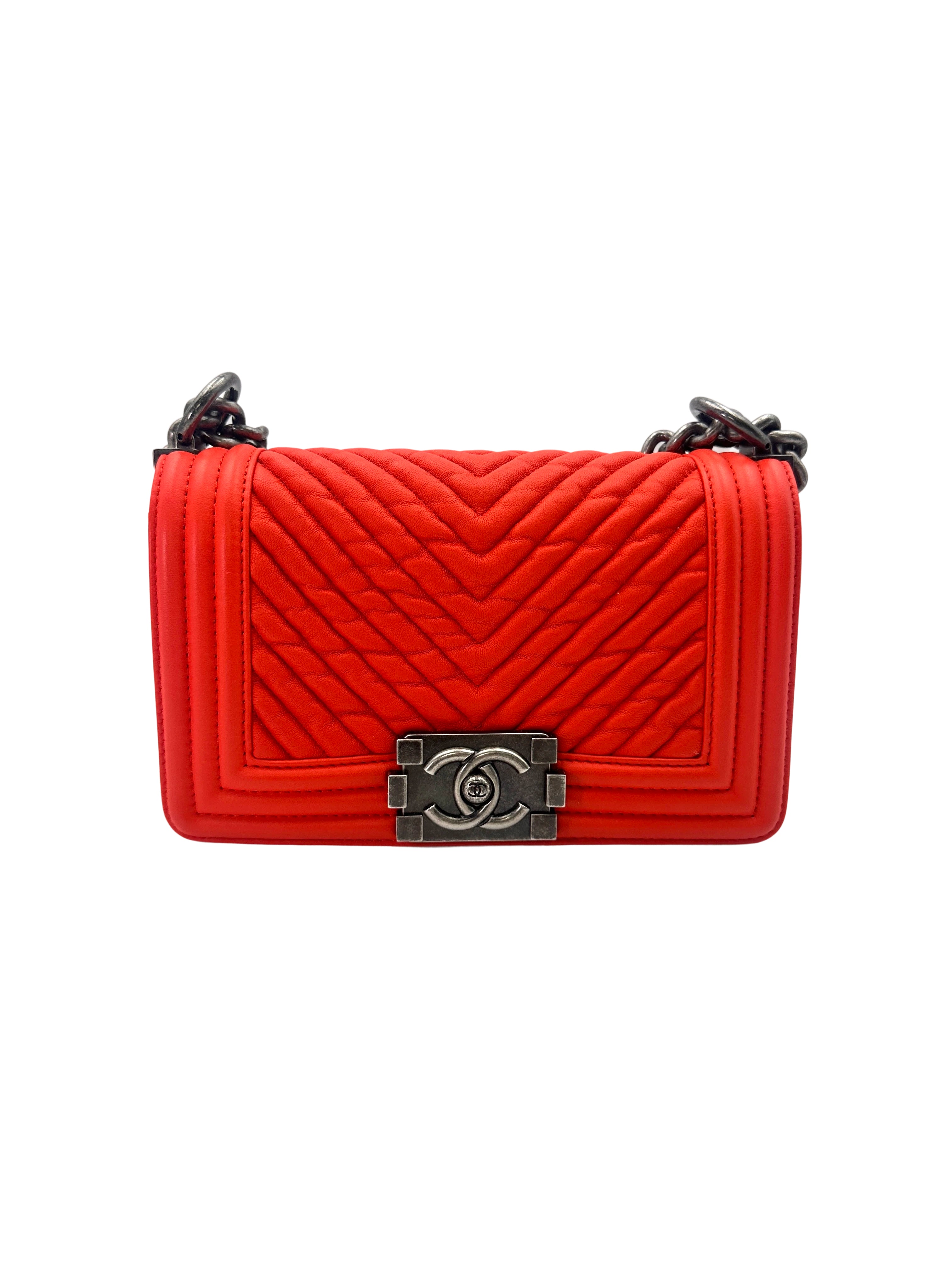 Chanel LeBoy Orange Chevron Quilted Calfskin Small Size Flap Bag With Silver Buckle(20***13) CC1687