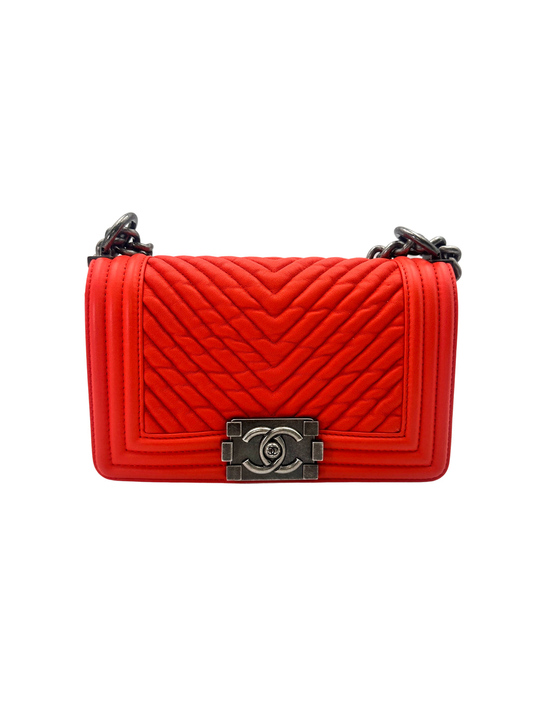 Chanel LeBoy Orange Chevron Quilted Calfskin Small Size Flap Bag With Silver Buckle(20***13) CC1687