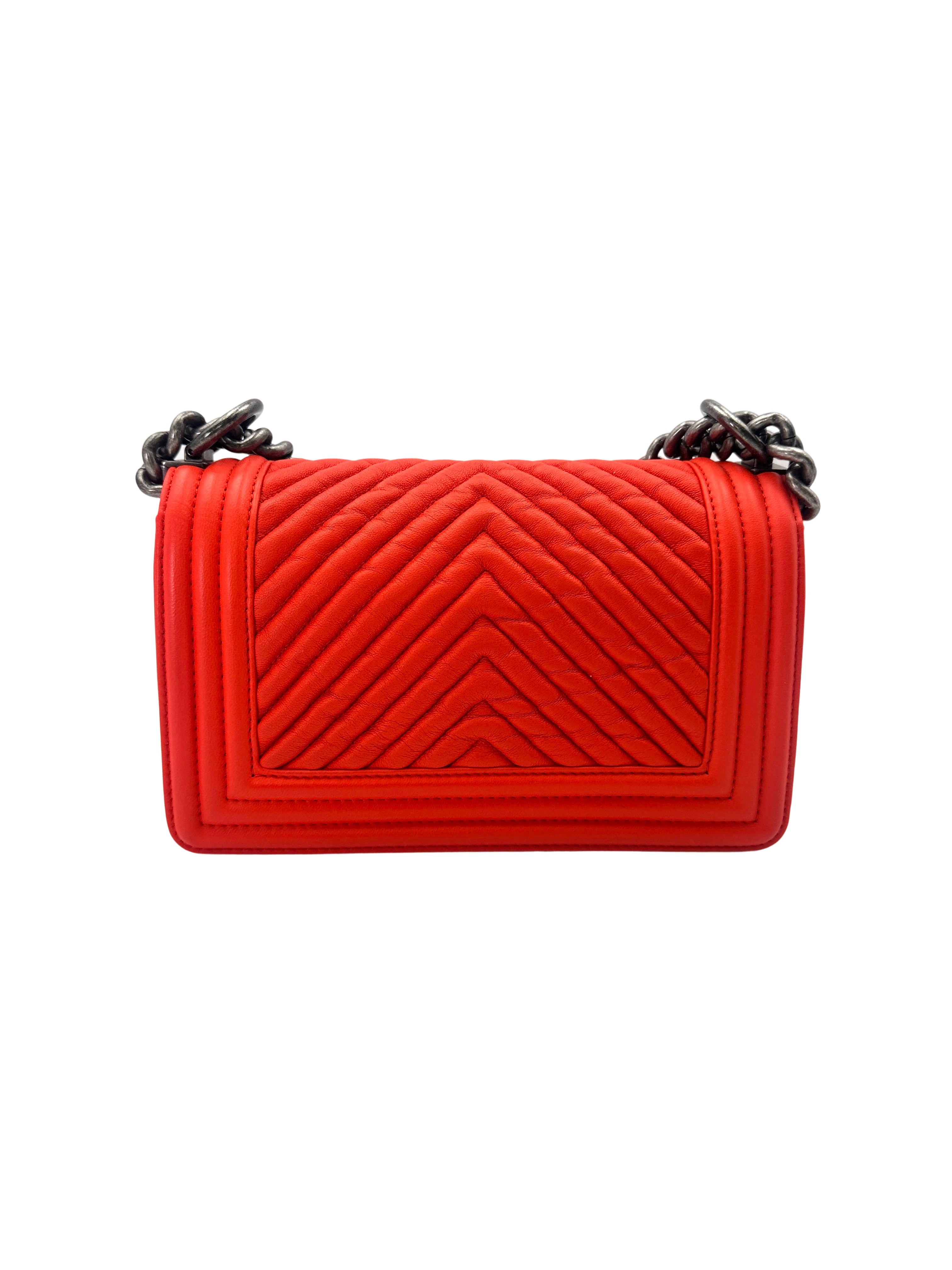 Chanel LeBoy Orange Chevron Quilted Calfskin Small Size Flap Bag With Silver Buckle(20***13) CC1687