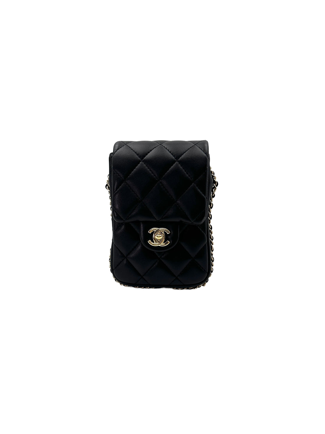 Chanel 20P Black Quilted Leather Phone Holder With Pearl Chain(29***77) CC1694