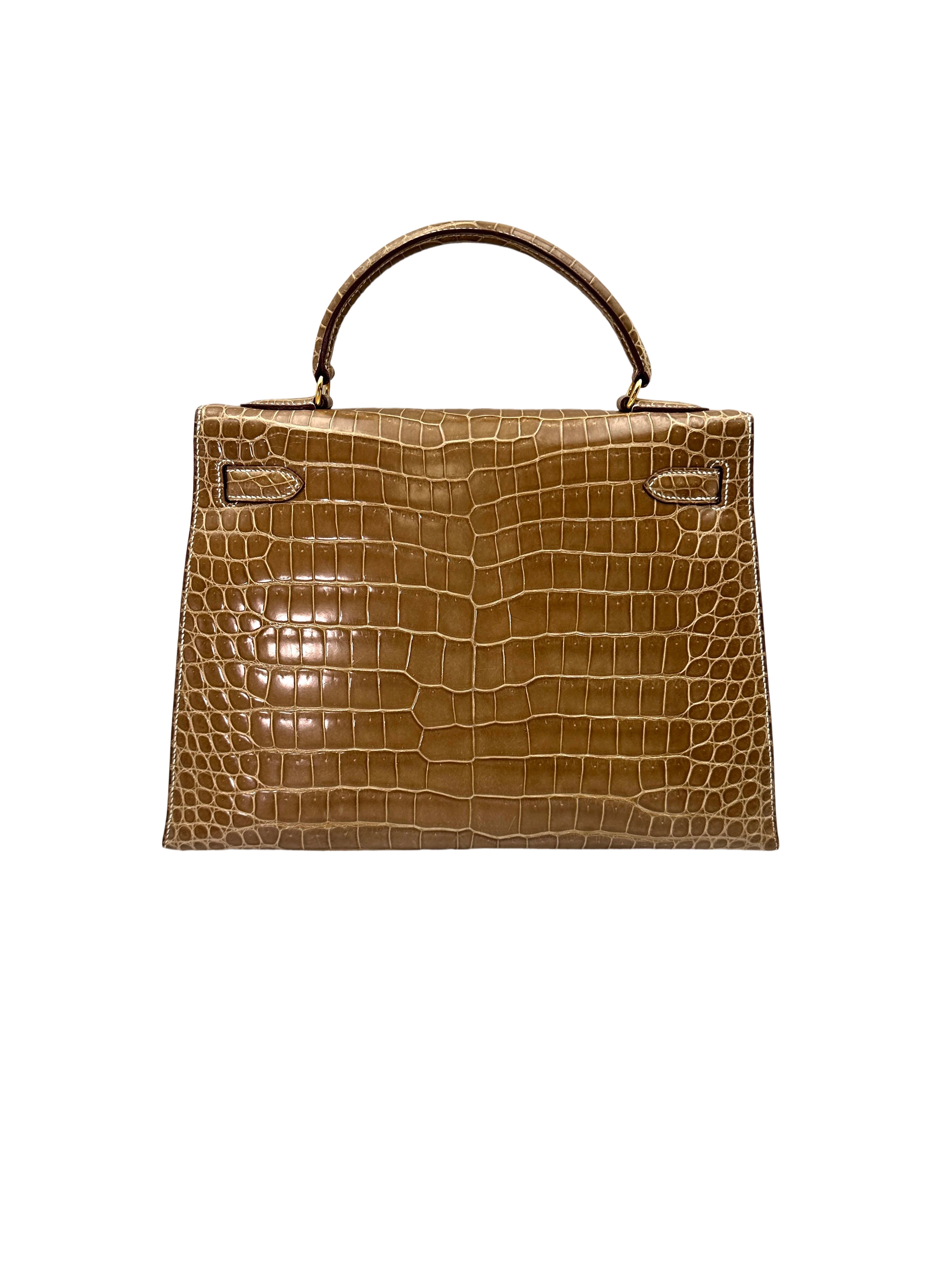 Hermes Kelly Shiny Alligator Handle Bag With Gold Hardware HR87