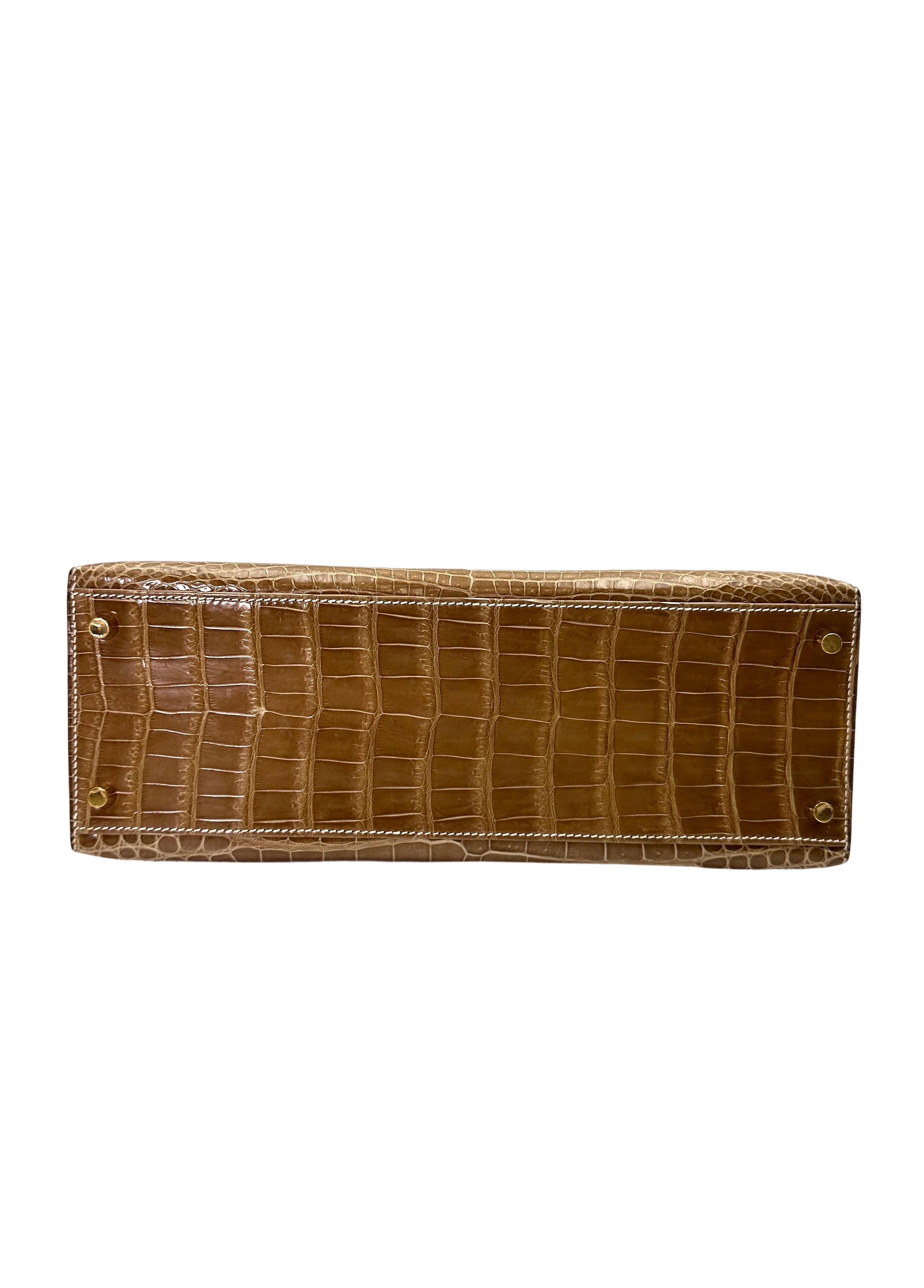 Hermes Kelly Shiny Alligator Handle Bag With Gold Hardware HR87