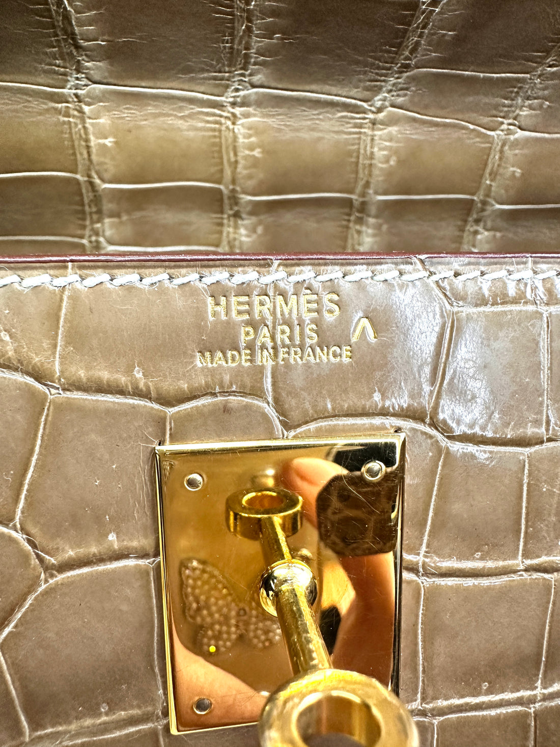 Hermes Kelly Shiny Alligator Handle Bag With Gold Hardware HR87