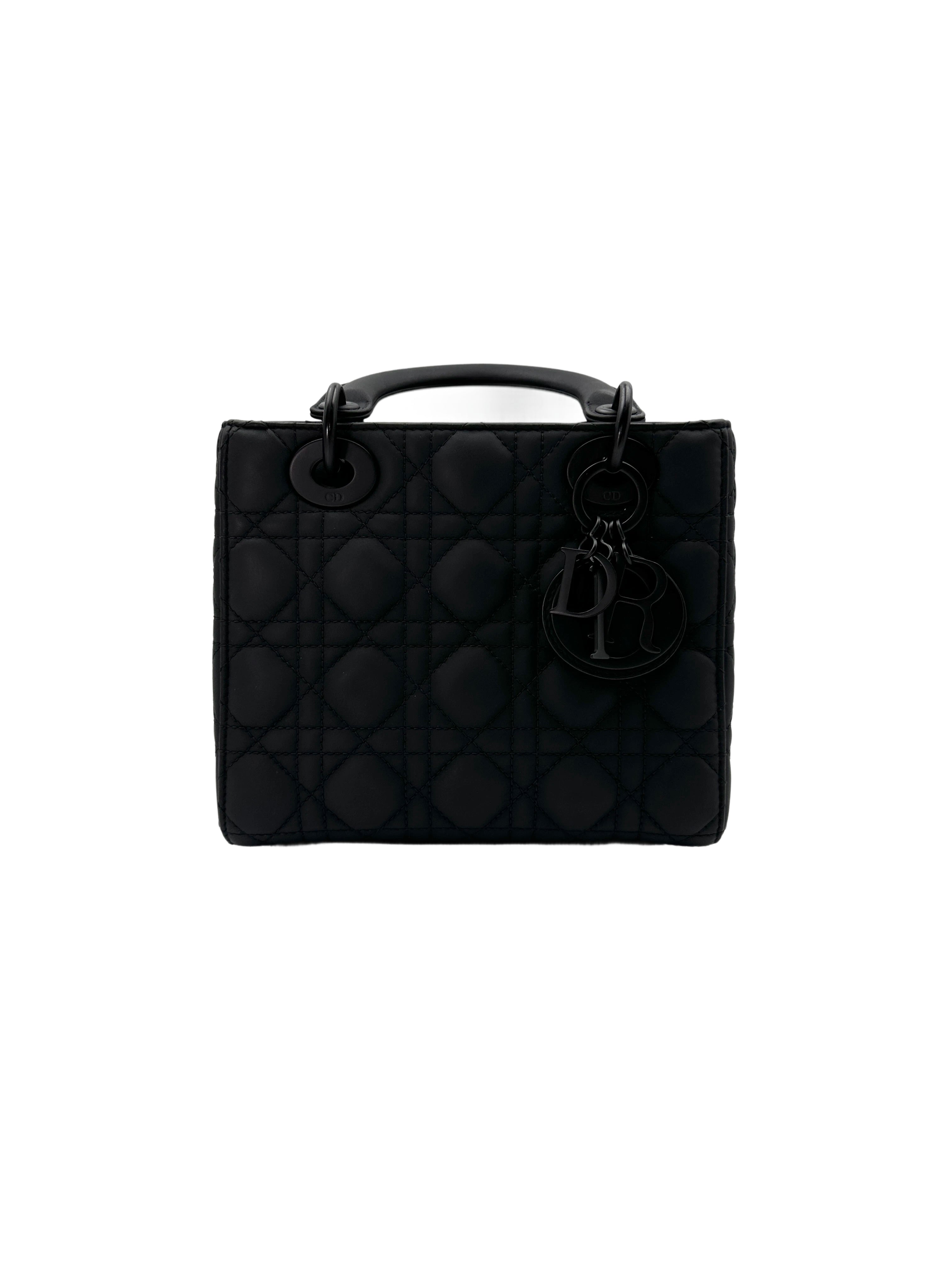 Christian Dior Lady Dior Black Ultramatte Cannage Leather Handle Bag With Tonal Charms DR650